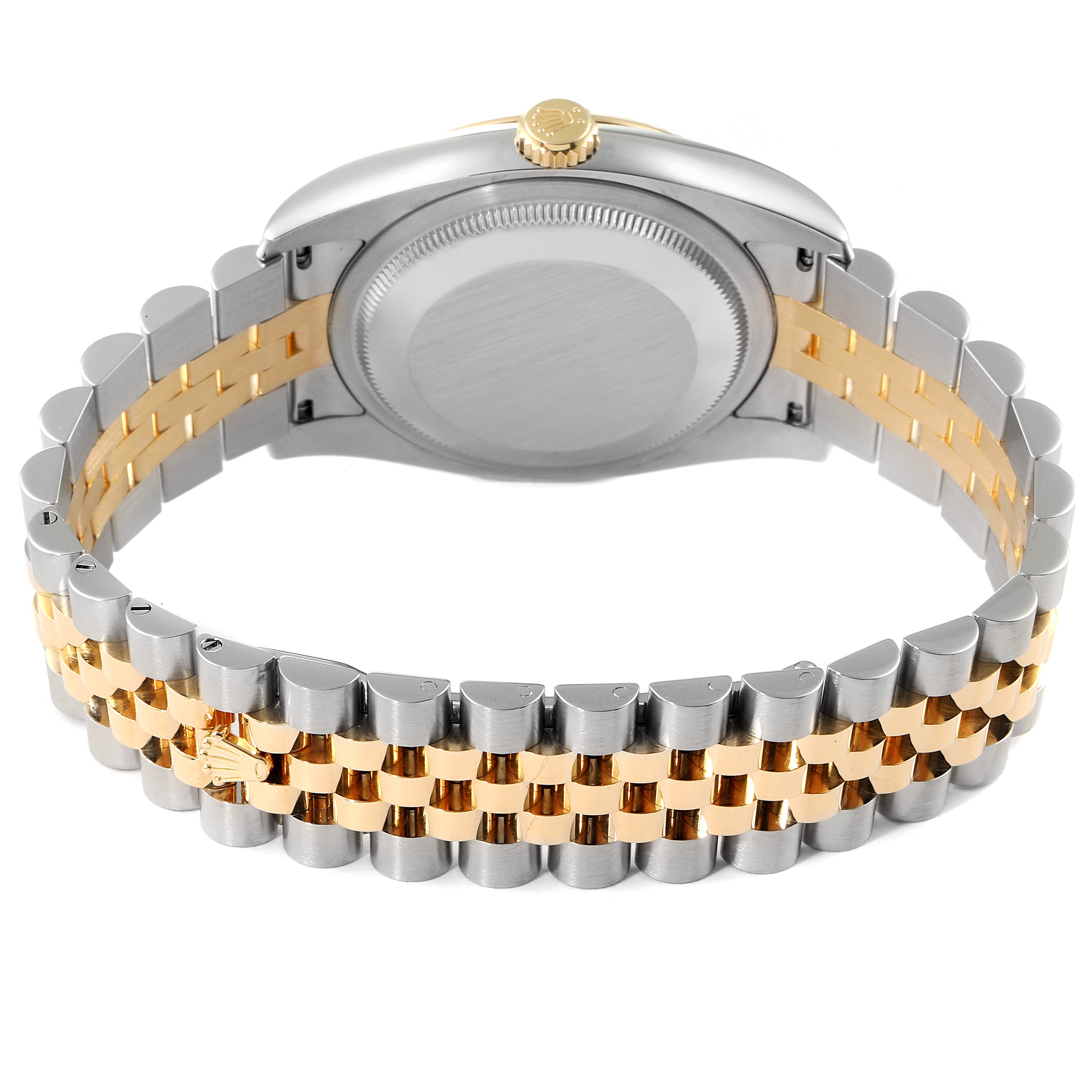 This image shows the back view of a Rolex Datejust 116233 Men's Steel and Gold (two tone) Champagne Dial 116233 Men's Steel and Gold (two tone) Champagne Dial watch, highlighting its bezel, crown, and two-tone bracelet.