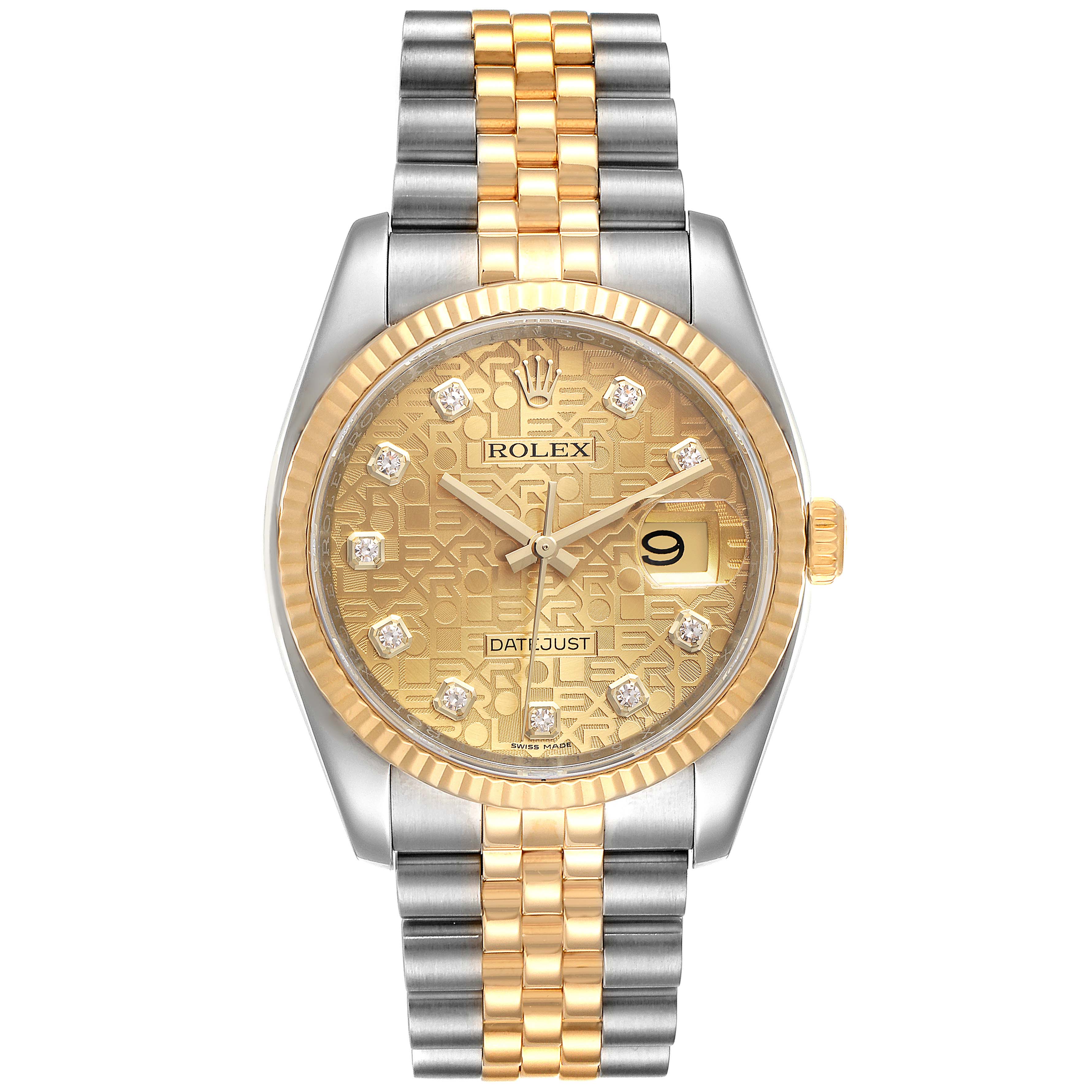 This image shows a frontal view of a Rolex Datejust 116233 Men's Steel and Gold (two tone) Champagne Dial 116233 Men's Steel and Gold (two tone) Champagne Dial watch with a two-tone bracelet and a gold dial with diamond hour markers.
