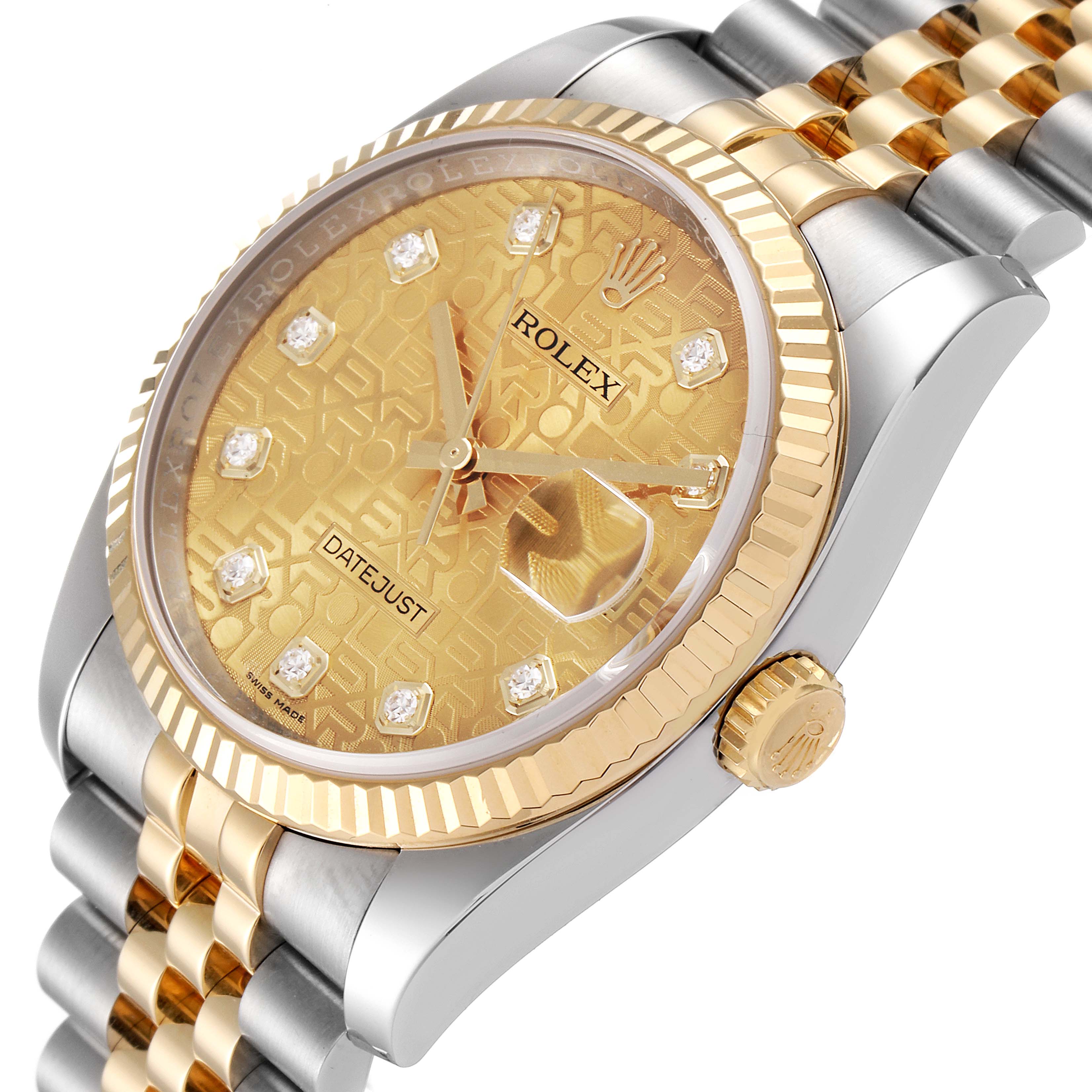 This image shows a Rolex Datejust 116233 Men's Steel and Gold (two tone) Champagne Dial 116233 Men's Steel and Gold (two tone) Champagne Dial watch from an angled side view, highlighting the dial, bezel, and portion of the bracelet.