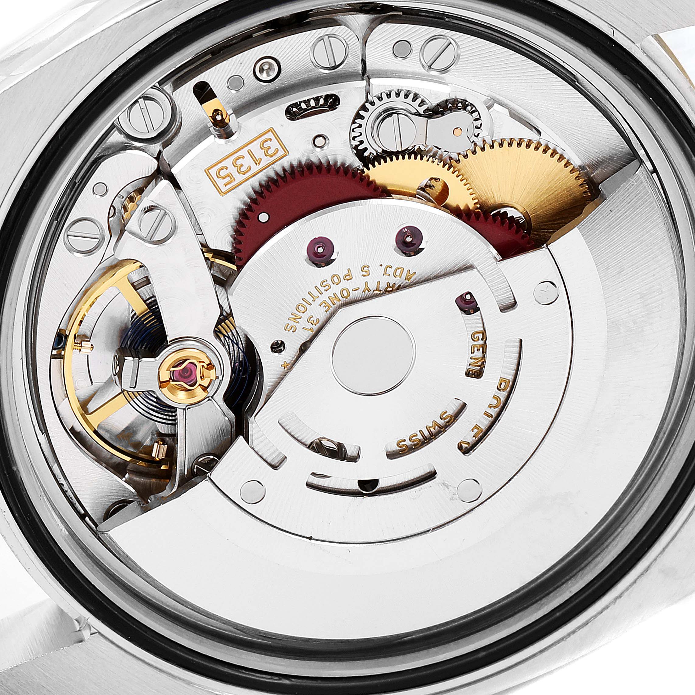 The image shows a close-up view of the movement mechanics inside a Rolex Datejust 116233 Men's Steel and Gold (two tone) Champagne Dial 116233 Men's Steel and Gold (two tone) Champagne Dial watch.
