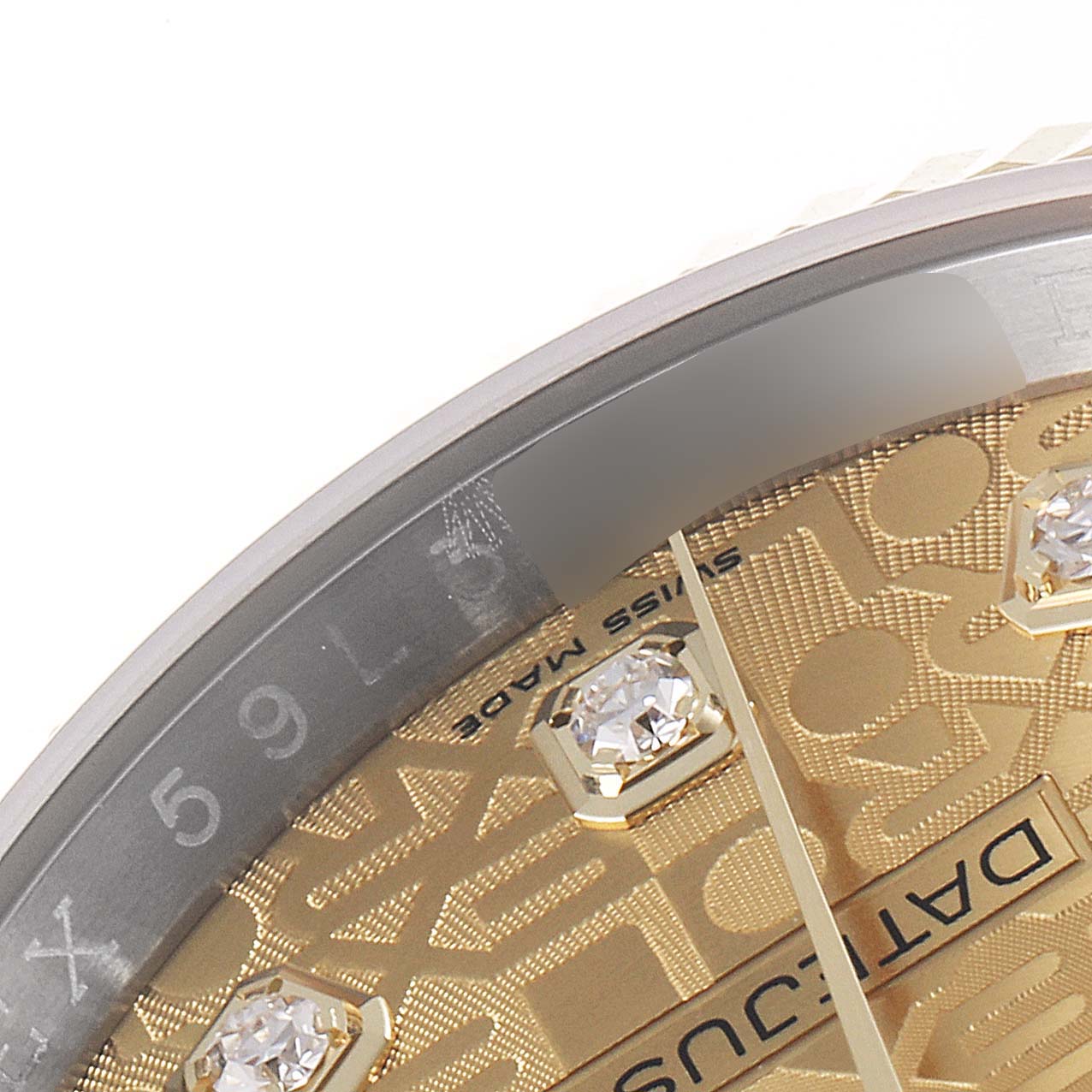 The close-up angle shows the dial and diamond markers of the Rolex Datejust 116233 Men's Steel and Gold (two tone) Champagne Dial 116233 Men's Steel and Gold (two tone) Champagne Dial watch.