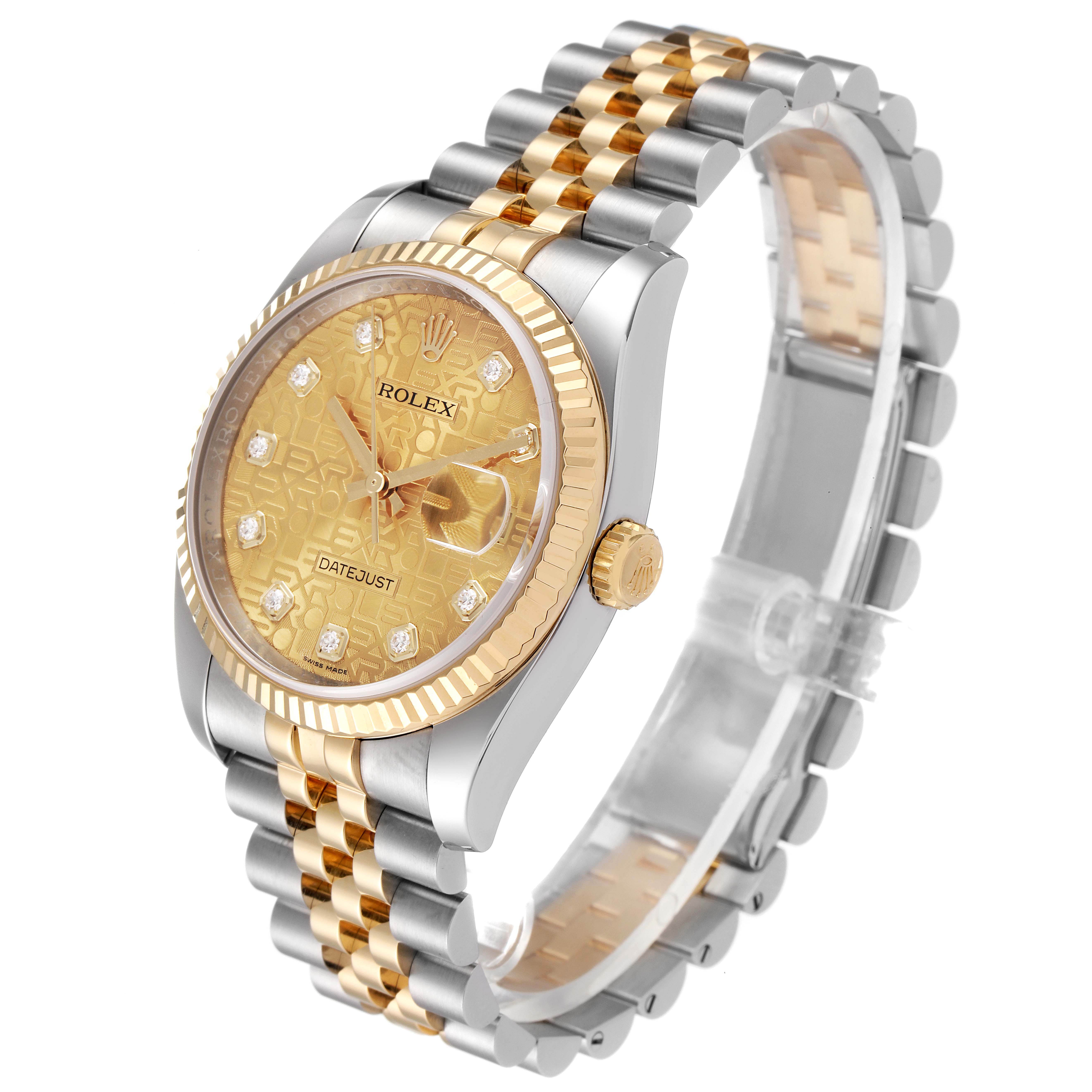 This image shows a side-angle view of a Rolex Datejust 116233 Men's Steel and Gold (two tone) Champagne Dial 116233 Men's Steel and Gold (two tone) Champagne Dial watch, displaying its bracelet, dial, and bezel.
