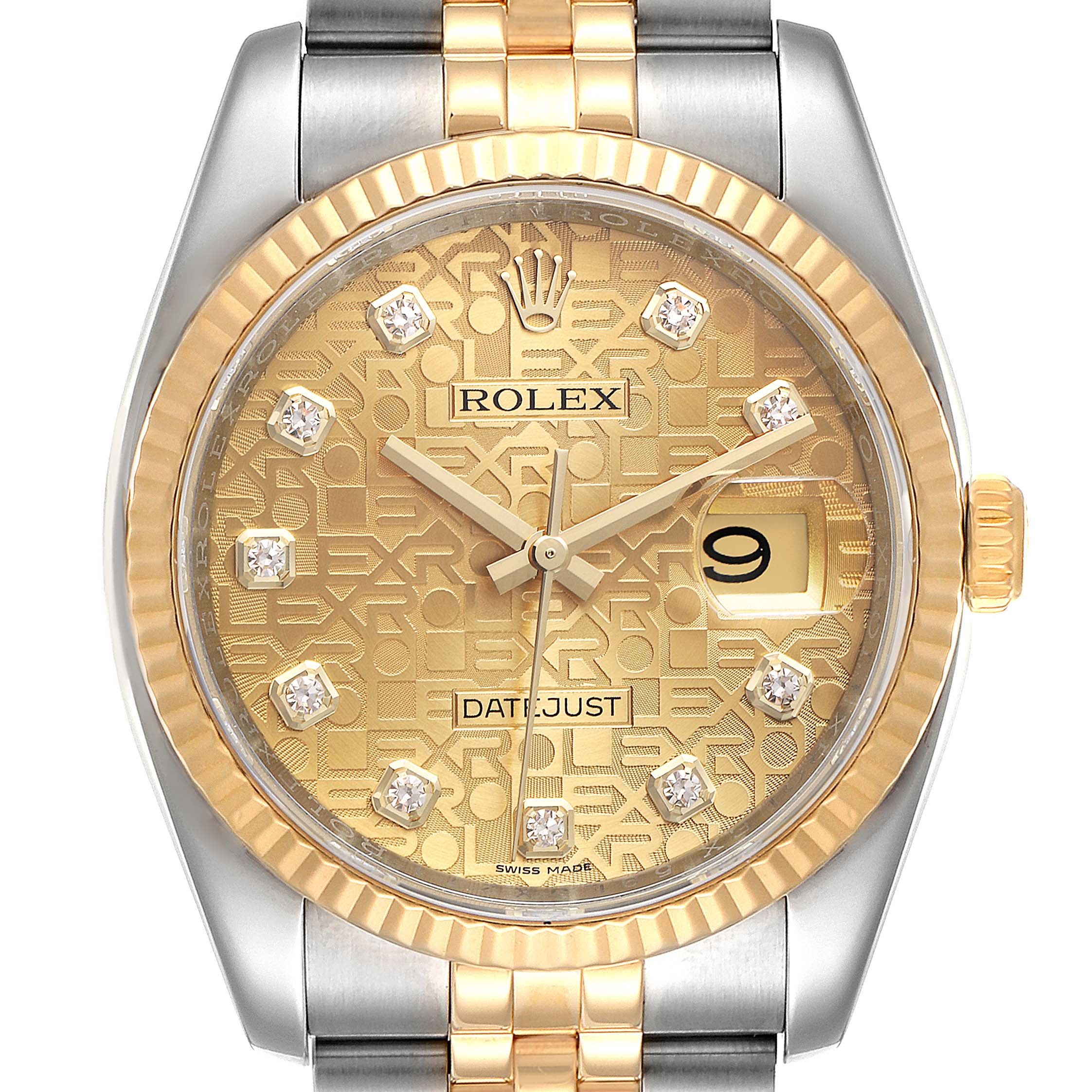This image shows a Rolex Datejust 116233 Men's Steel and Gold (two tone) Champagne Dial 116233 Men's Steel and Gold (two tone) Champagne Dial watch front-facing, highlighting the gold dial, date window, and two-tone bracelet.