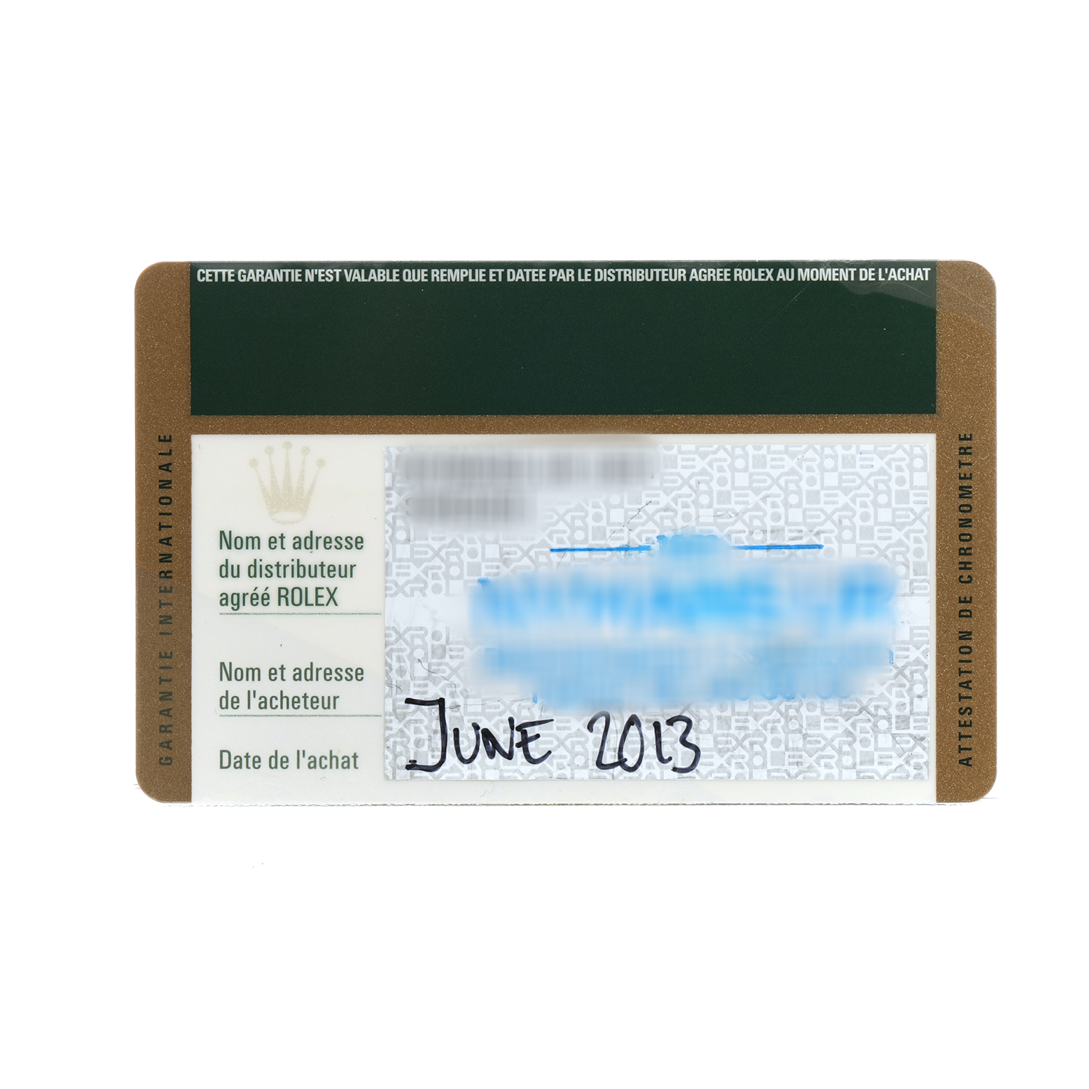 The image shows a Rolex Datejust 116243 Men's Stainless Steel Silver Dial guarantee card from June 2013, featuring the brand's details and purchase date.