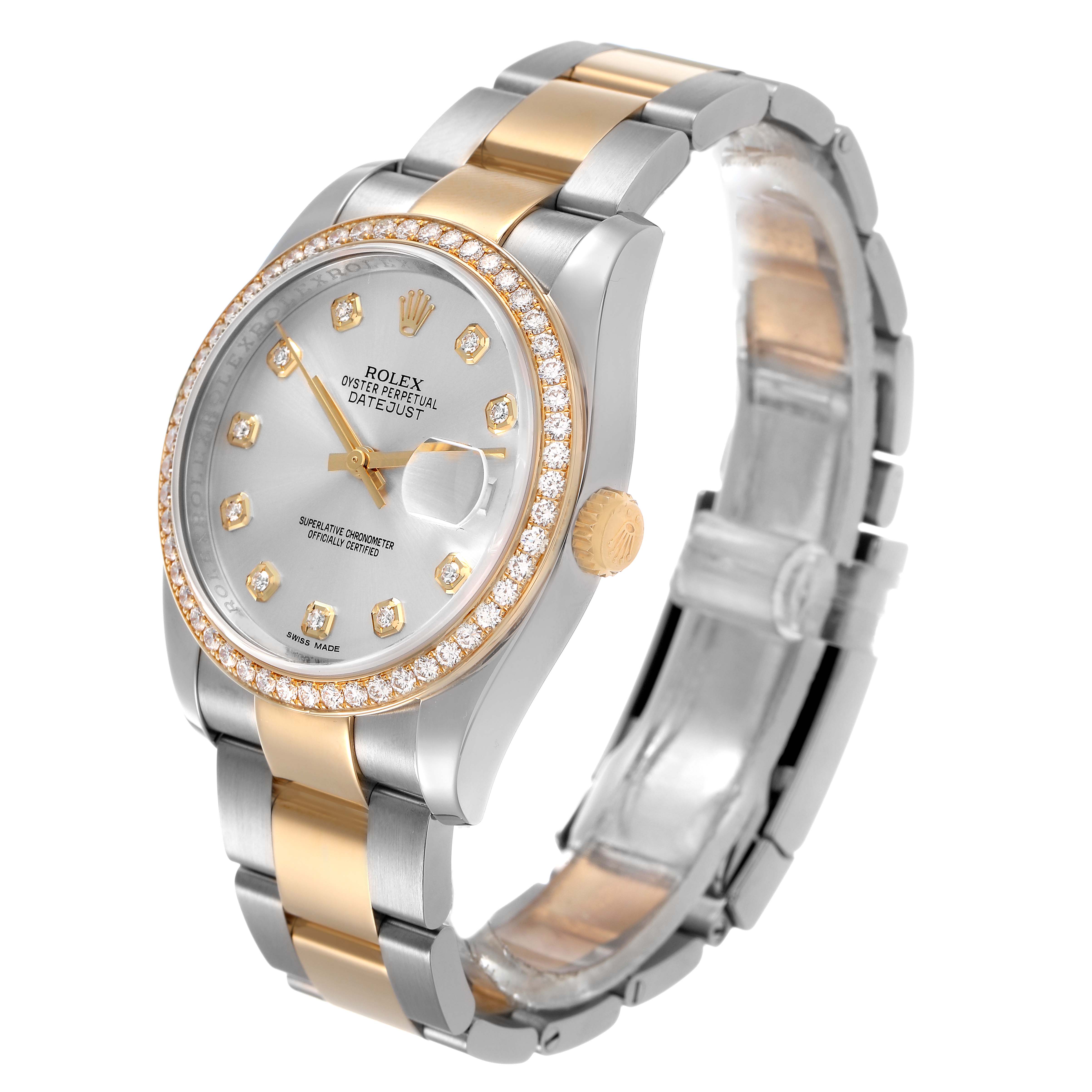 The Rolex Datejust 116243 Men's Stainless Steel Silver Dial watch is shown at an angled side view showcasing the dial, bezel, crown, and bracelet.