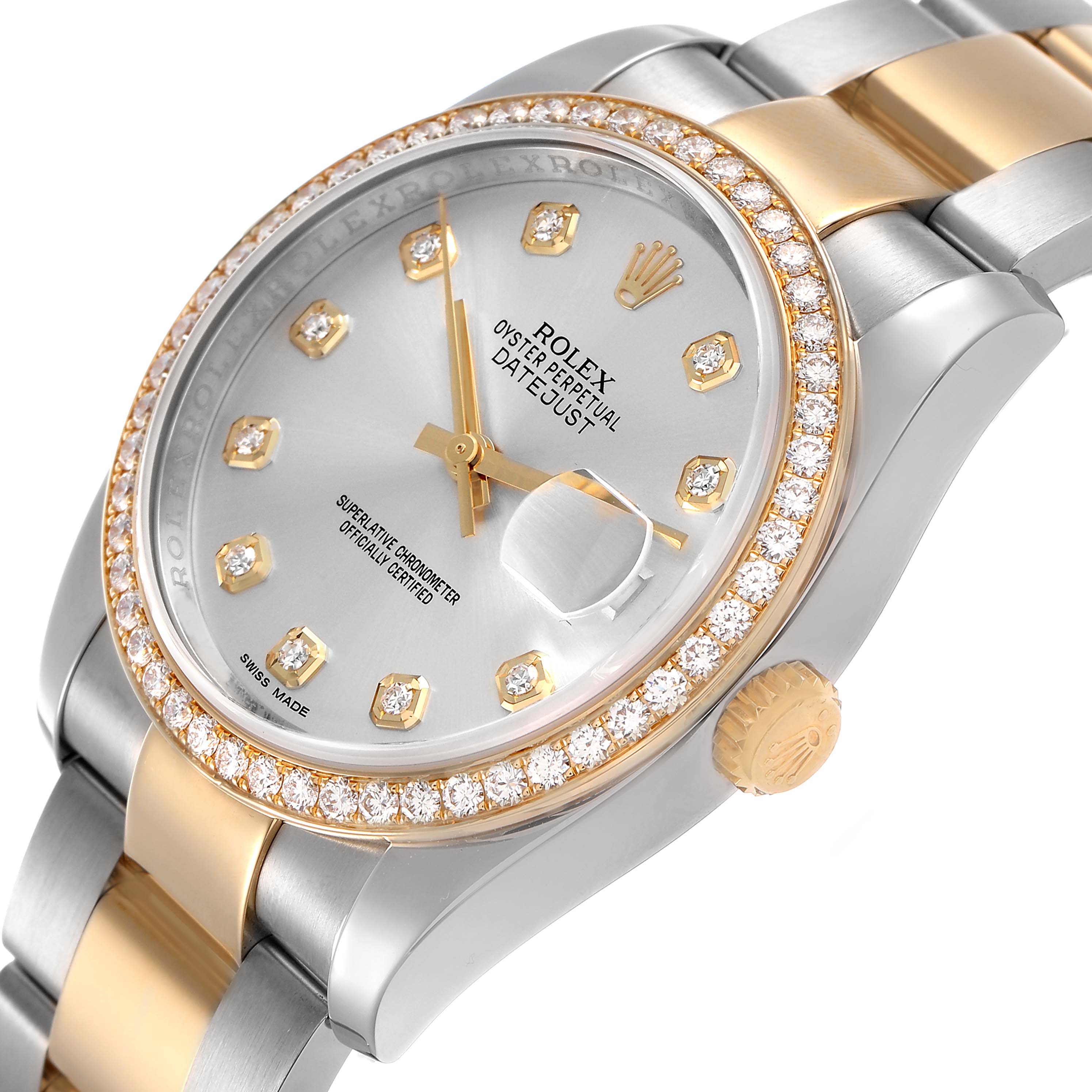 The Rolex Datejust 116243 Men's Stainless Steel Silver Dial watch is shown from a side angle highlighting its gold and diamond bezel, crown, and bracelet.