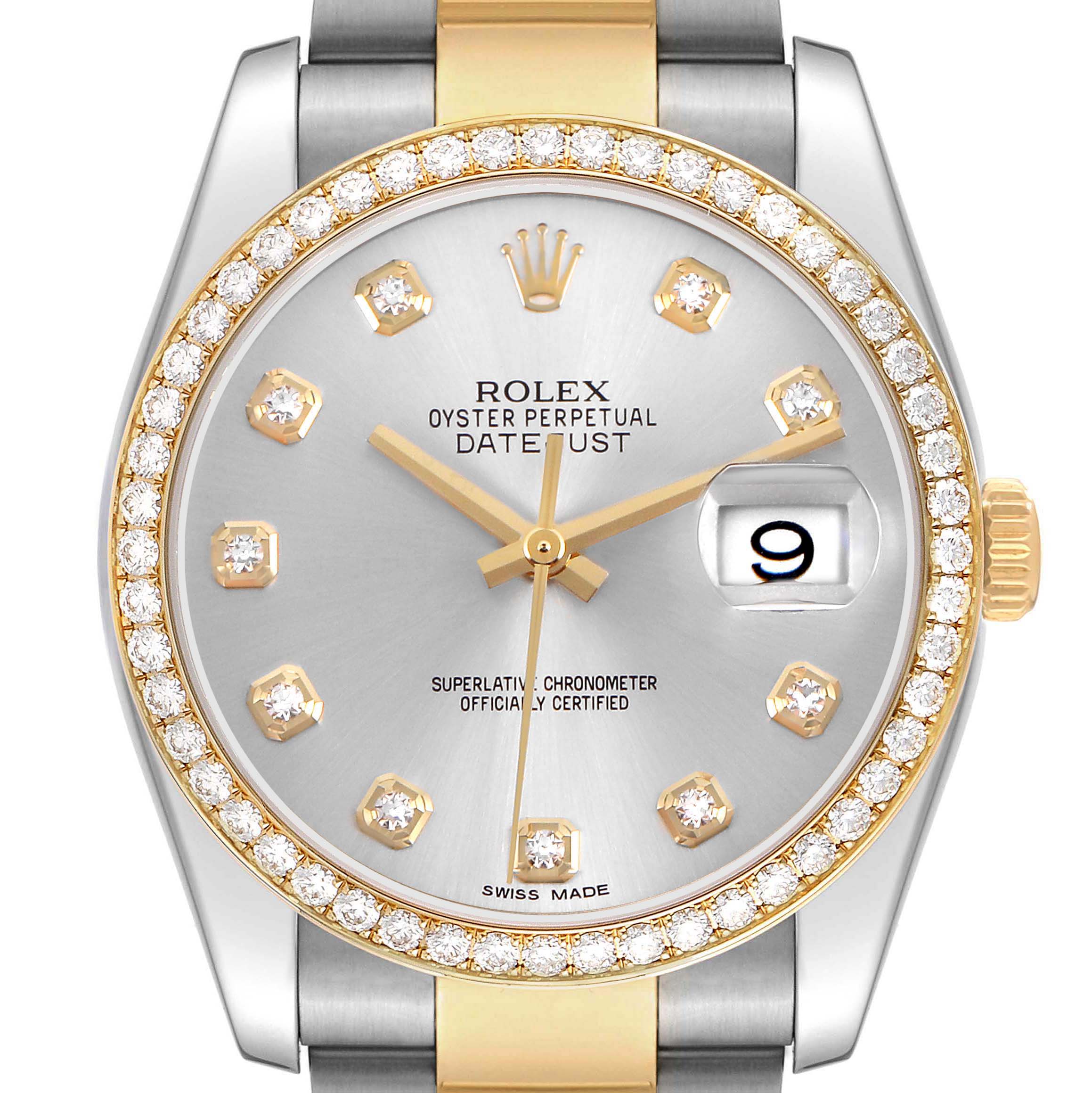 The Rolex Datejust 116243 Men's Stainless Steel Silver Dial watch is shown from a front angle, displaying its diamond bezel, silver dial, and date window prominently.