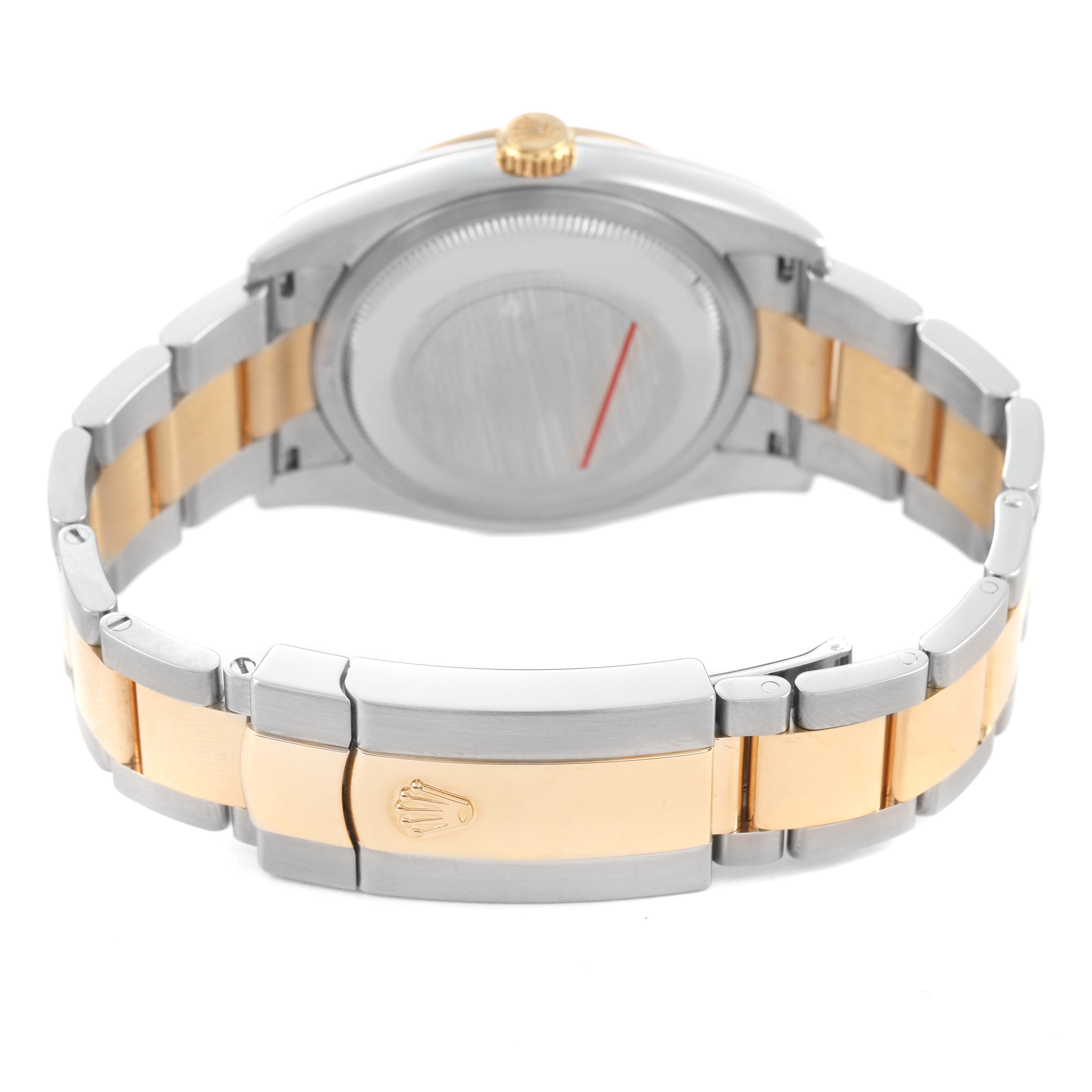 The image shows the back of a Rolex Datejust 116243 Men's Stainless Steel Silver Dial watch, highlighting its two-tone bracelet and clasp with the Rolex logo.