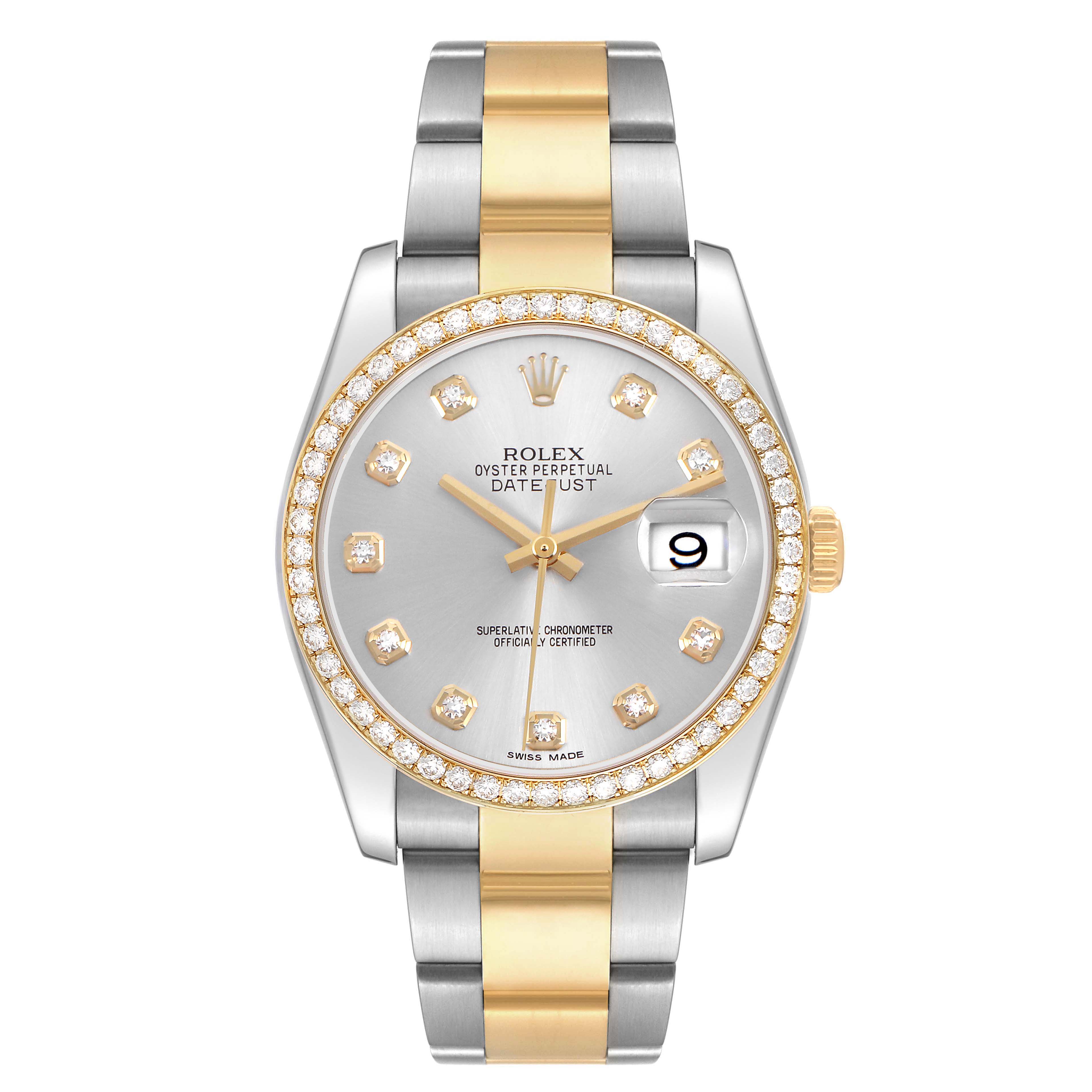 The Rolex Datejust 116243 Men's Stainless Steel Silver Dial watch is shown from a front angle, displaying the bezel, dial, and bracelet.