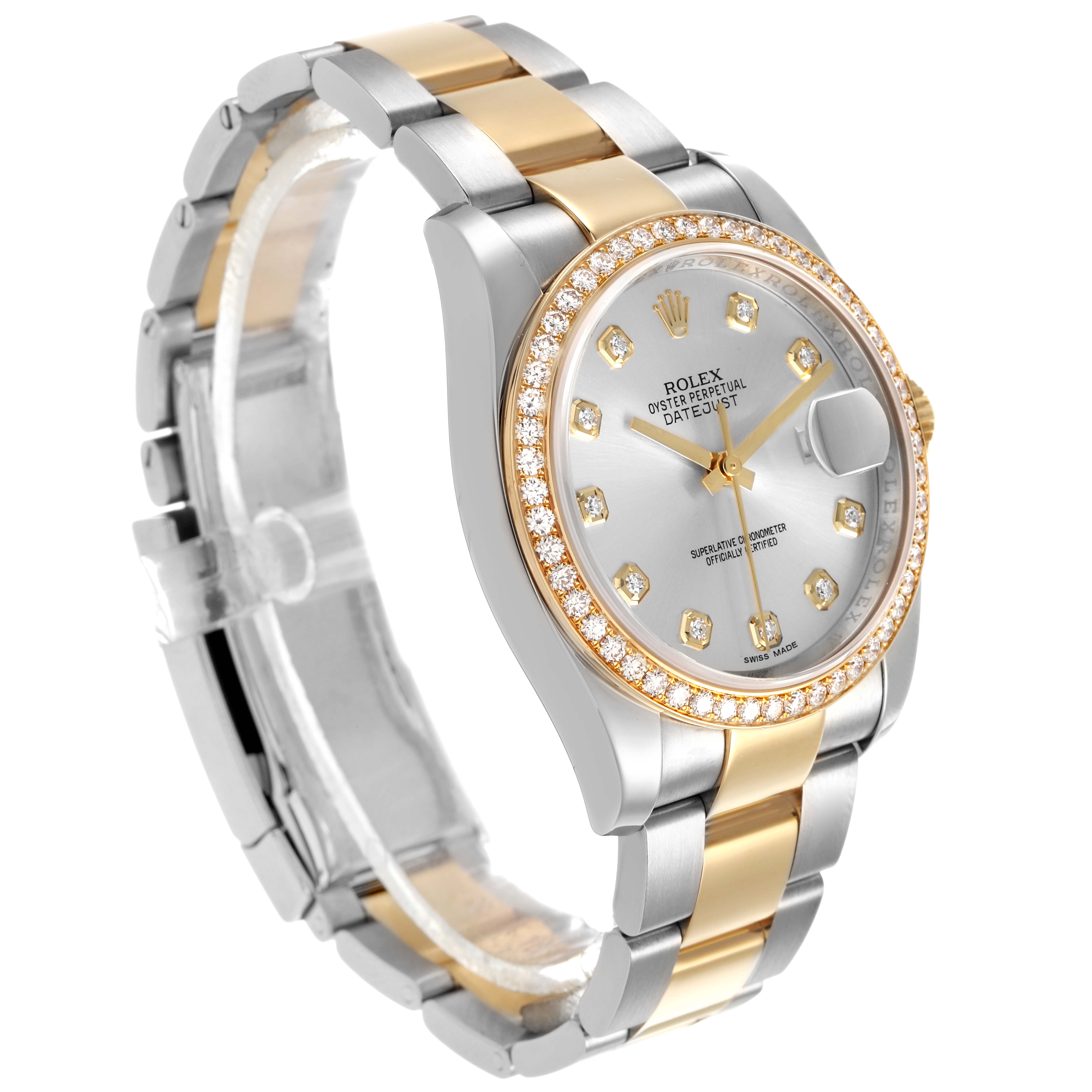 The Rolex Datejust 116243 Men's Stainless Steel Silver Dial watch is shown at a three-quarter angle, highlighting the bezel, dial, and bracelet.