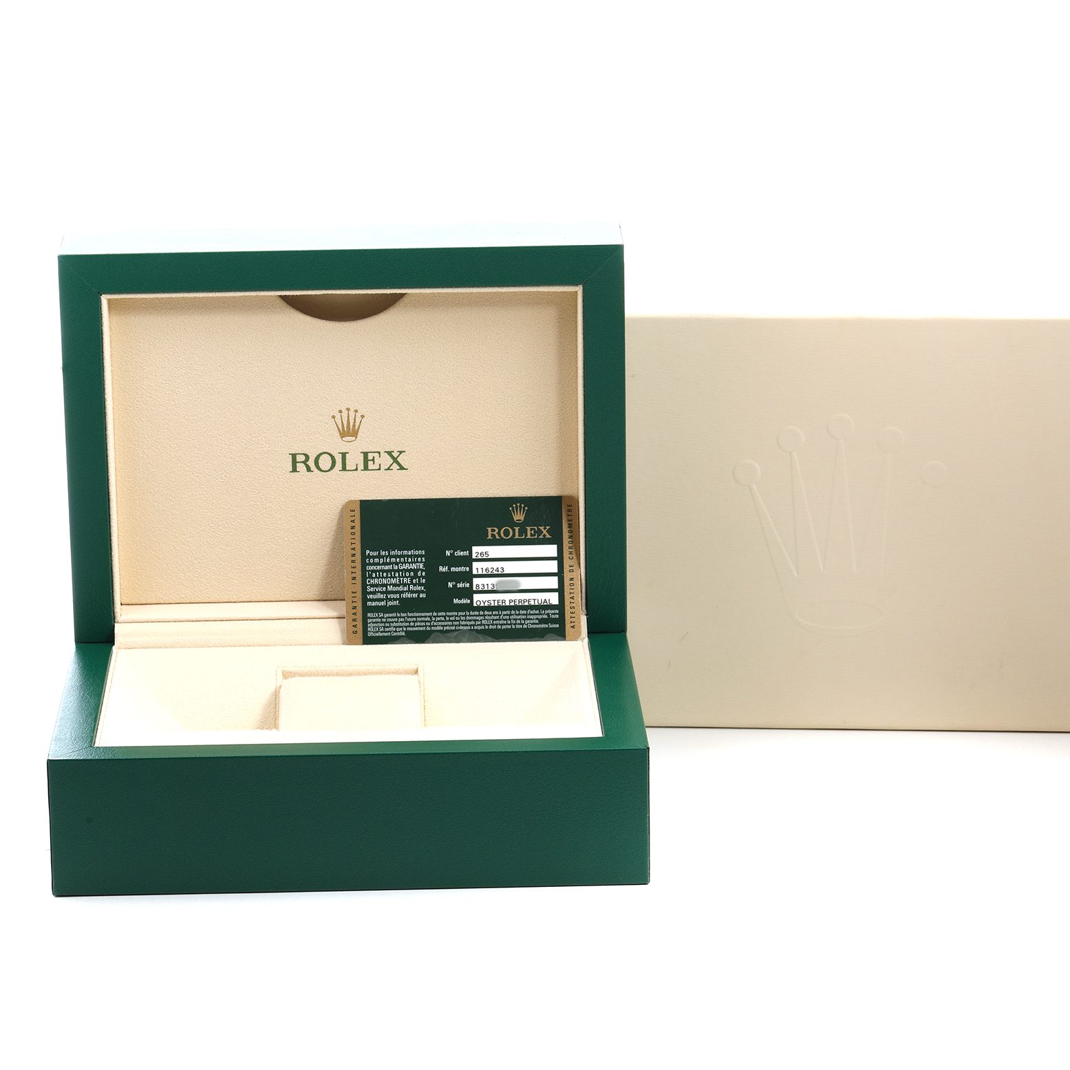 The image shows the open box and authenticity card for a Rolex Datejust 116243 Men's Stainless Steel Silver Dial watch, emphasizing the brand's packaging.