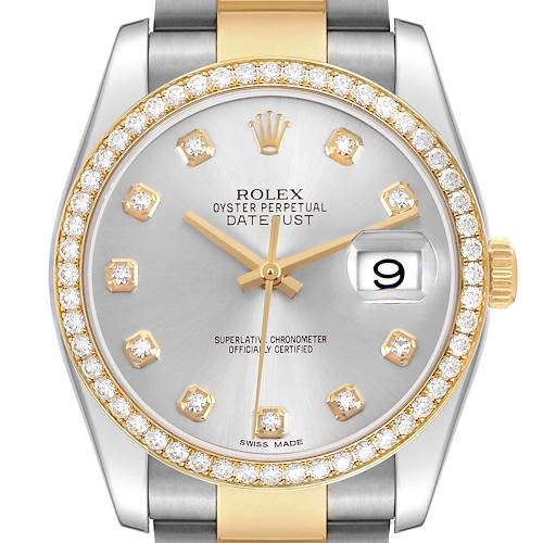 The Rolex Datejust 116243 Men's Stainless Steel Silver Dial watch is shown from the front, highlighting its gold and diamond-accented bezel, dial, and bracelet.
