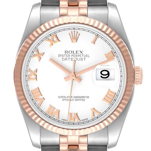 Photo of Rolex Datejust Steel Rose Gold White Roman Dial Mens Watch 116231