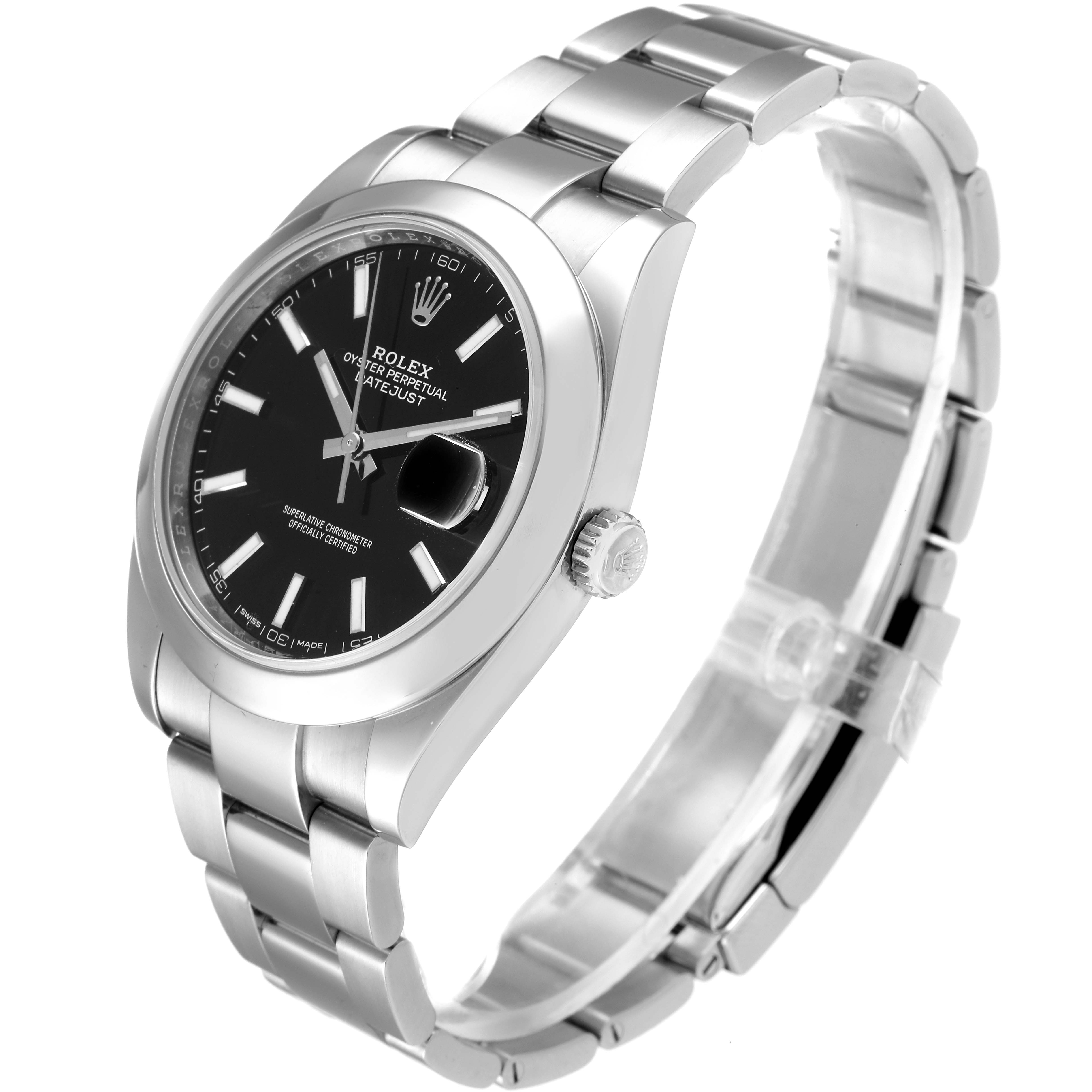 The image shows a Rolex Datejust 41 126300 Men
s Stainless Steel Black Dial 126300 Men
s Stainless Steel Black Dial watch from a front-right angle, highlighting the dial, bezel, crown, and bracelet.