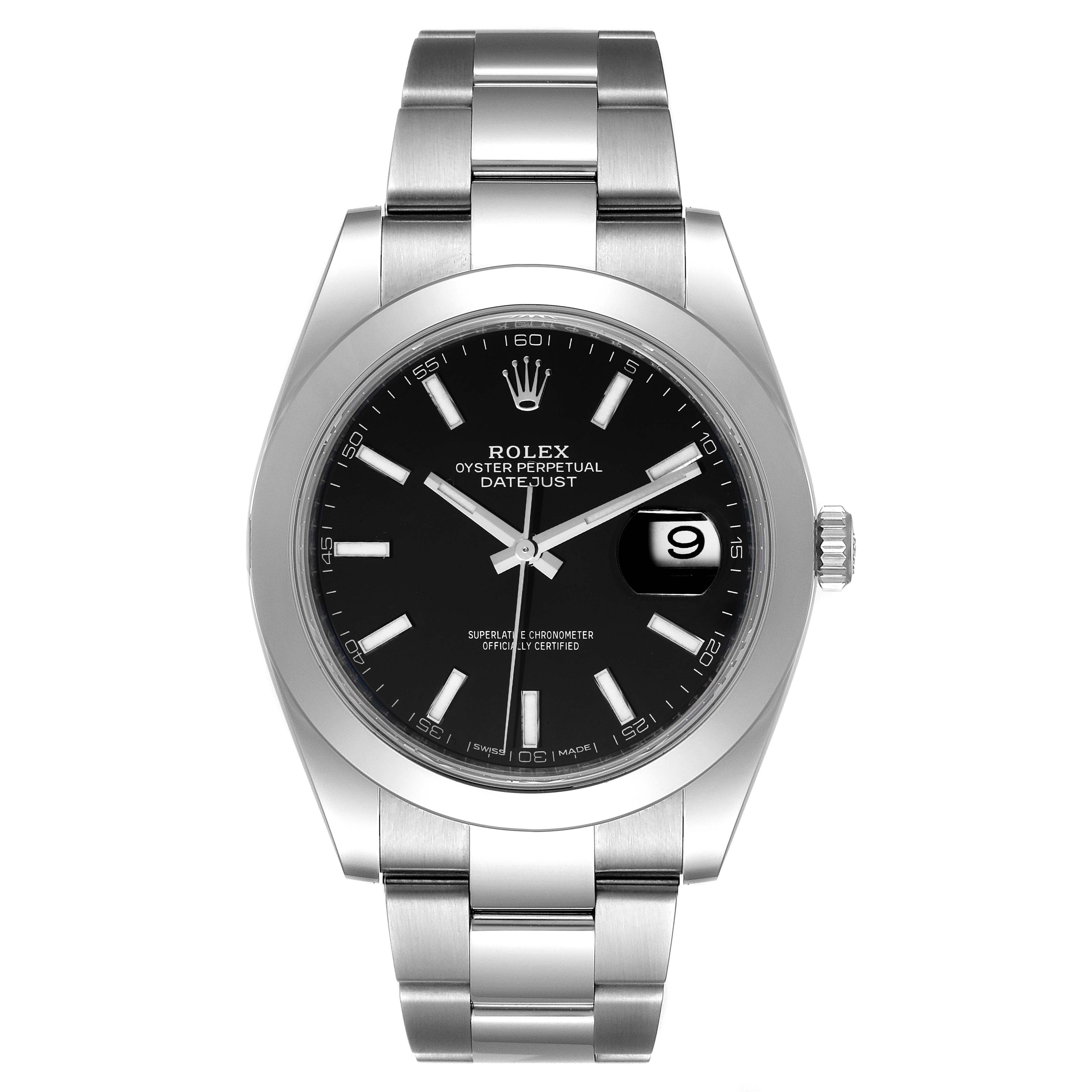 The image shows a front view of a Rolex Datejust 41 126300 Men
s Stainless Steel Black Dial 126300 Men
s Stainless Steel Black Dial watch, displaying the dial, bezel, and bracelet.