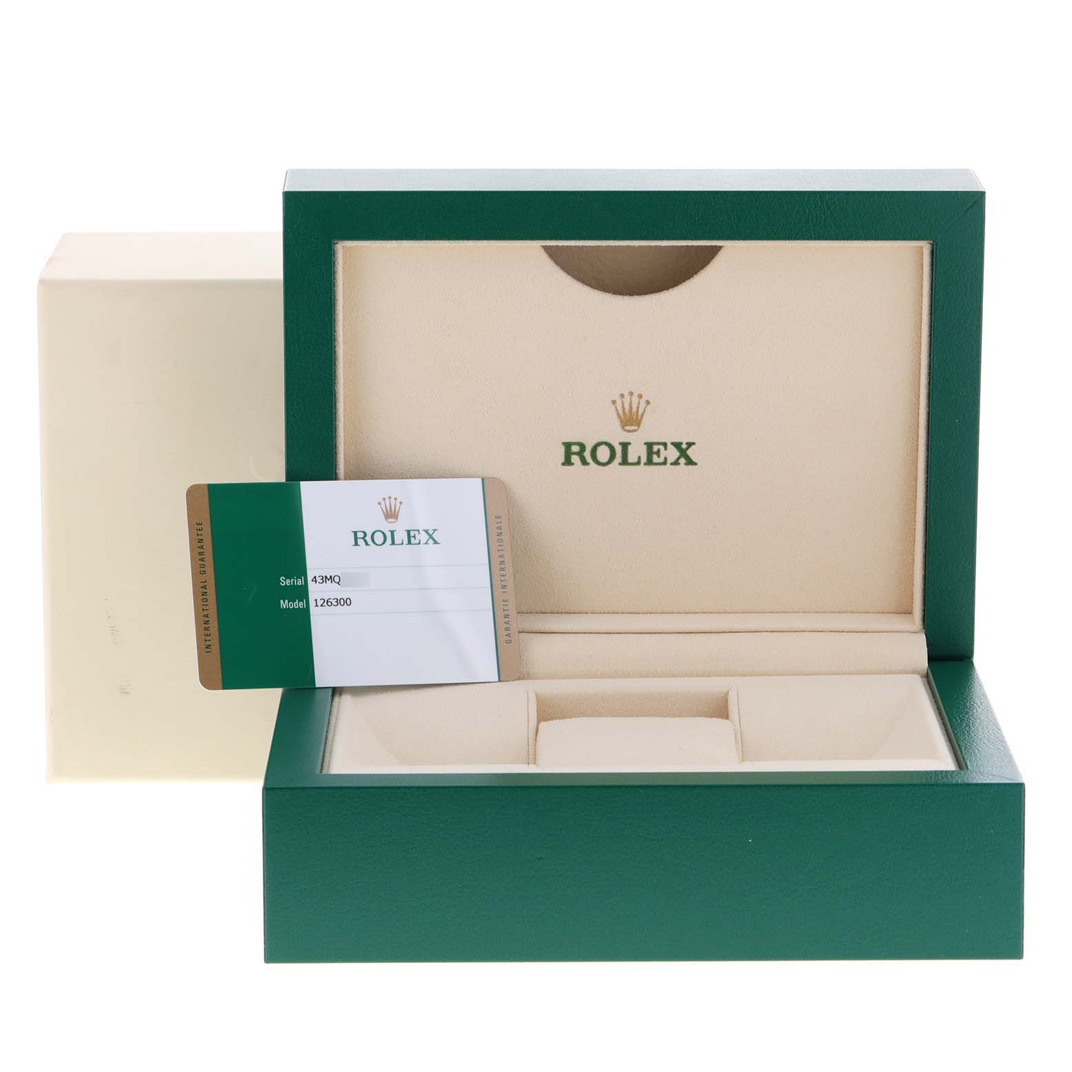 The image shows the open presentation box and guarantee card for a Rolex Datejust 41 126300 Men
s Stainless Steel Black Dial 126300 Men
s Stainless Steel Black Dial watch.