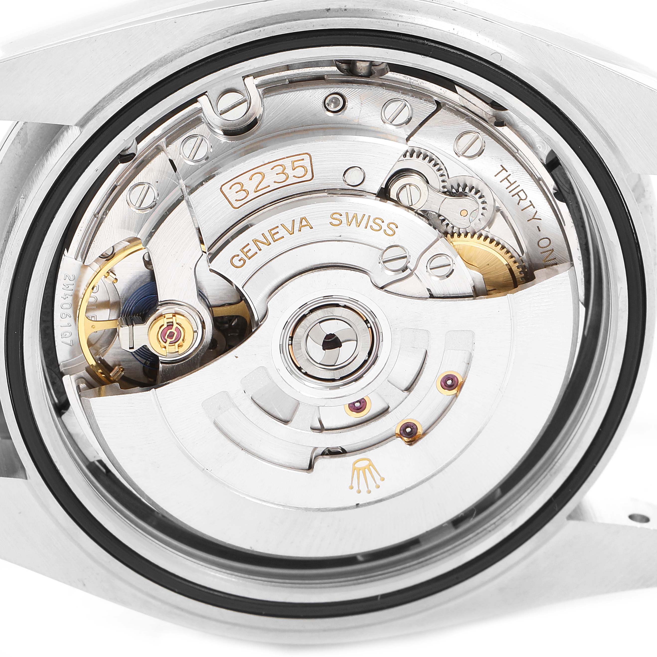 This image shows the movement mechanism of the Rolex Datejust 41 126300 Men
s Stainless Steel Black Dial 126300 Men
s Stainless Steel Black Dial watch from a rear angle, highlighting its intricate components.