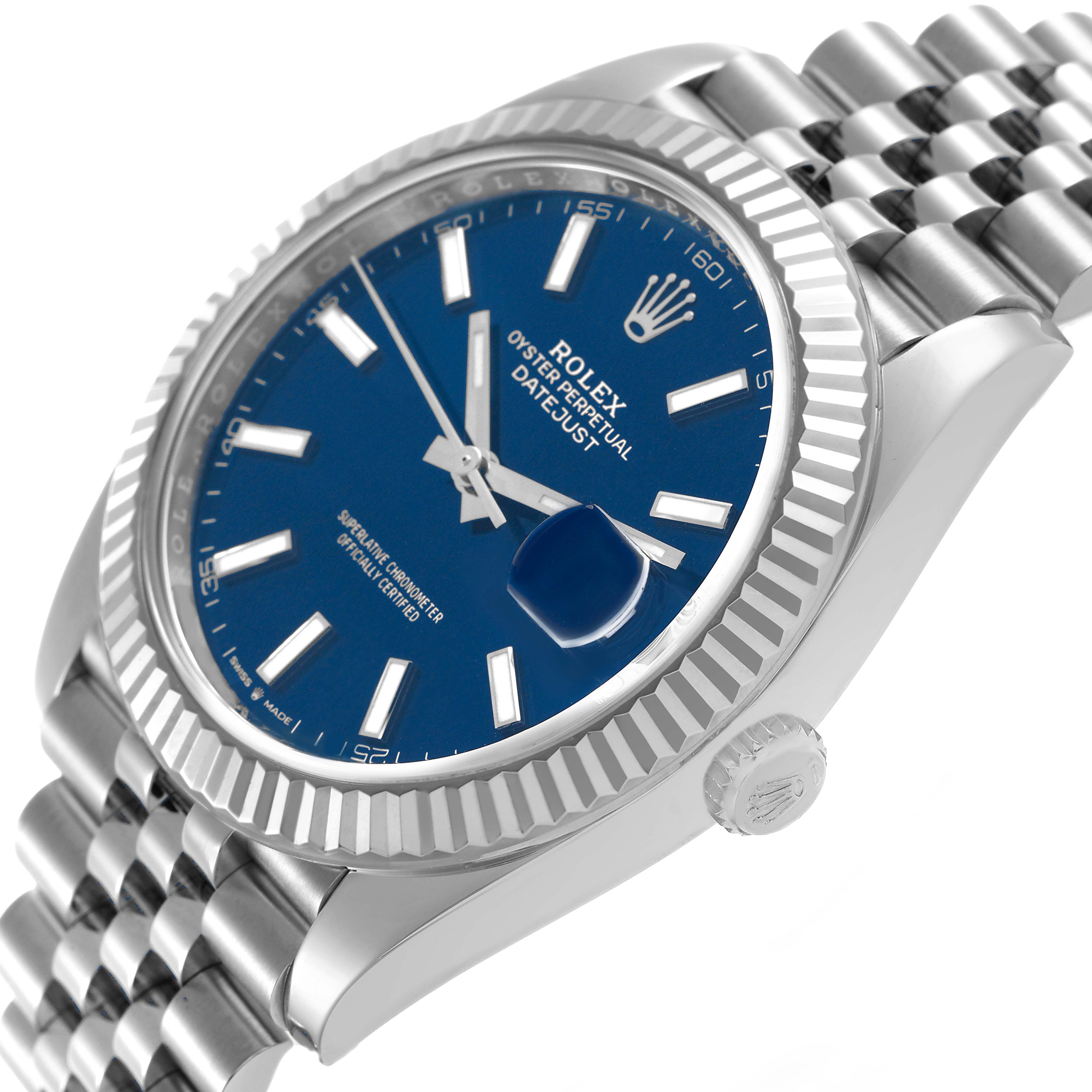 The image shows a Rolex Datejust 41 126334 Men's Stainless Steel Blue Dial watch angled to display the blue dial, fluted bezel, and Jubilee bracelet.