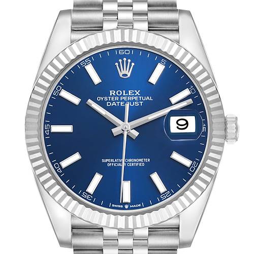 The Rolex Datejust 41 126334 Men's Stainless Steel Blue Dial watch is shown from the front, highlighting its blue dial, fluted bezel, and Jubilee bracelet.