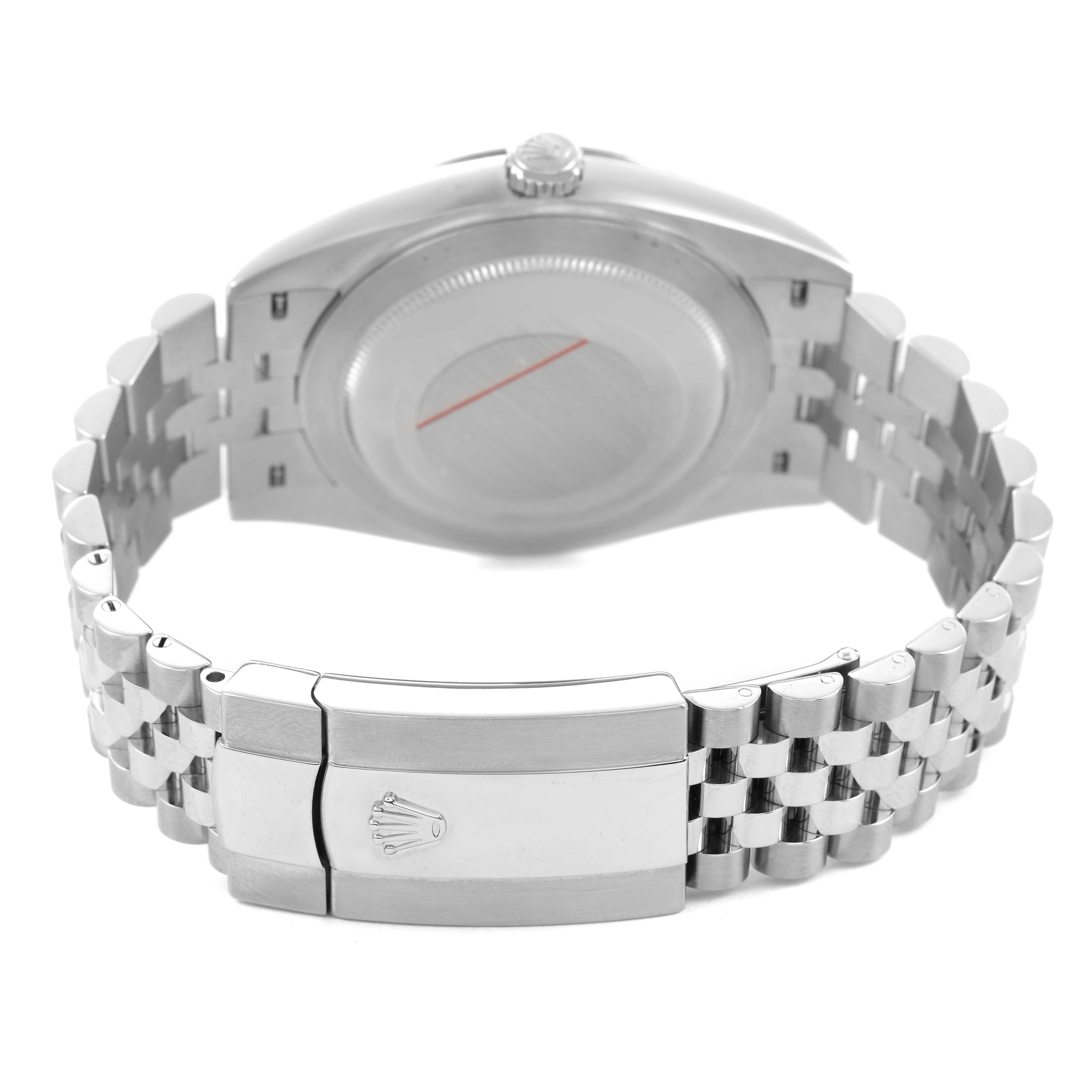 This image shows the back of the Rolex Datejust 41 126334 Men's Stainless Steel Blue Dial, focusing on the case, clasp, and Jubilee bracelet.