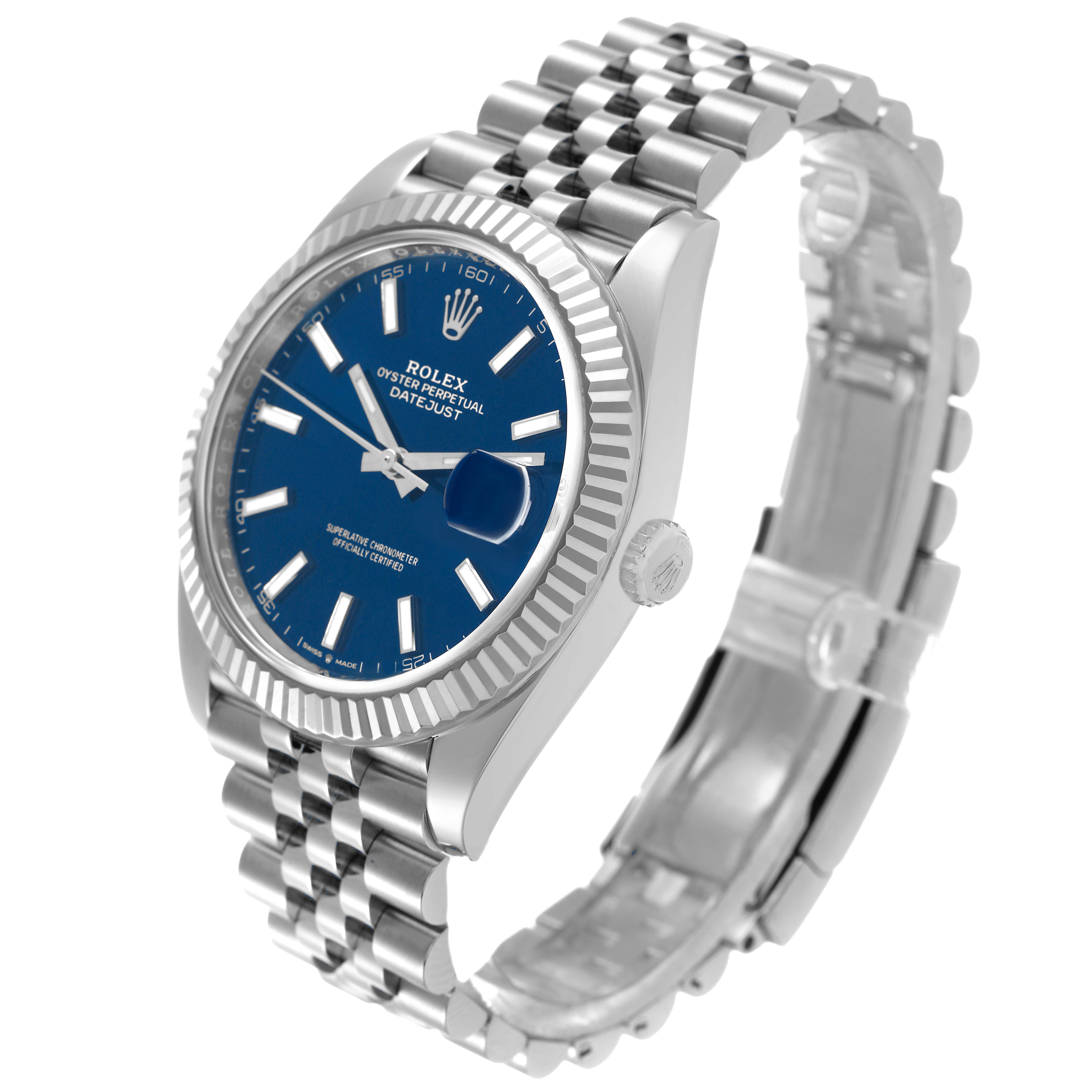 The Rolex Datejust 41 126334 Men's Stainless Steel Blue Dial is shown at a three-quarter angle, displaying the blue dial, fluted bezel, and Jubilee bracelet.