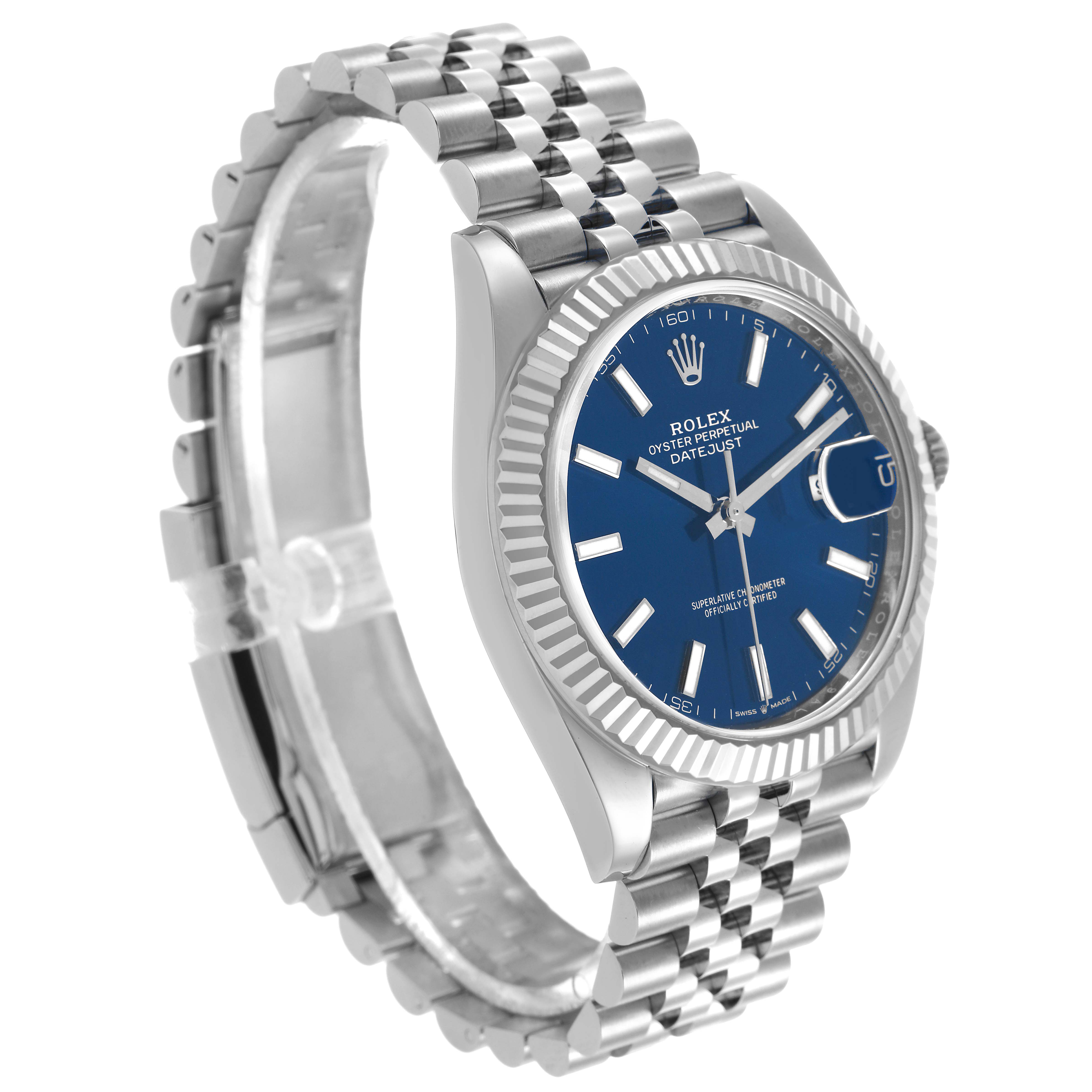 The Rolex Datejust 41 126334 Men's Stainless Steel Blue Dial is shown at a slight angle, displaying the blue dial, fluted bezel, and Jubilee bracelet.