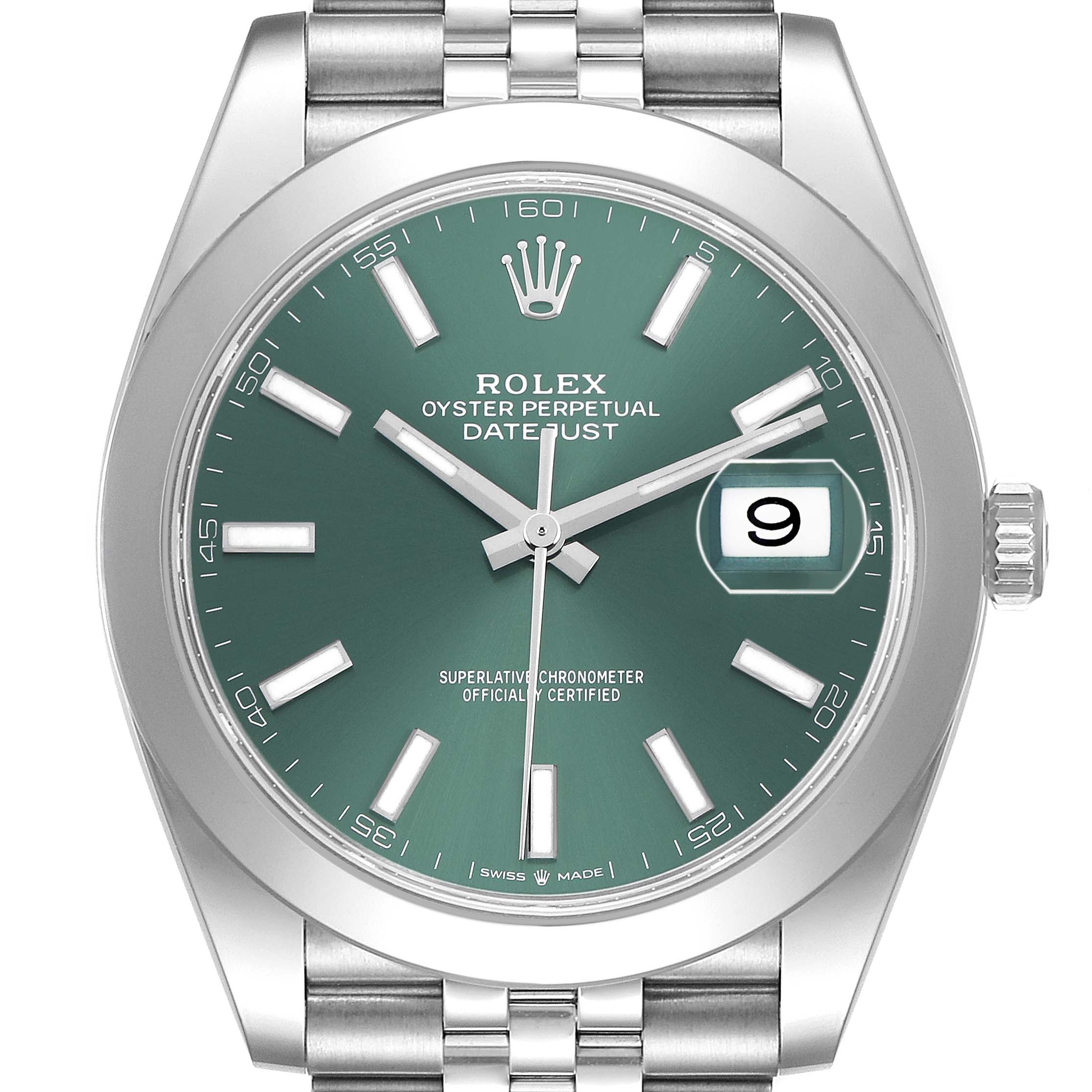 The Rolex Datejust 41 126300 Men's Stainless Steel Green Dial is shown from the front, displaying the green dial, hour markers, hands, date window, and bezel.
