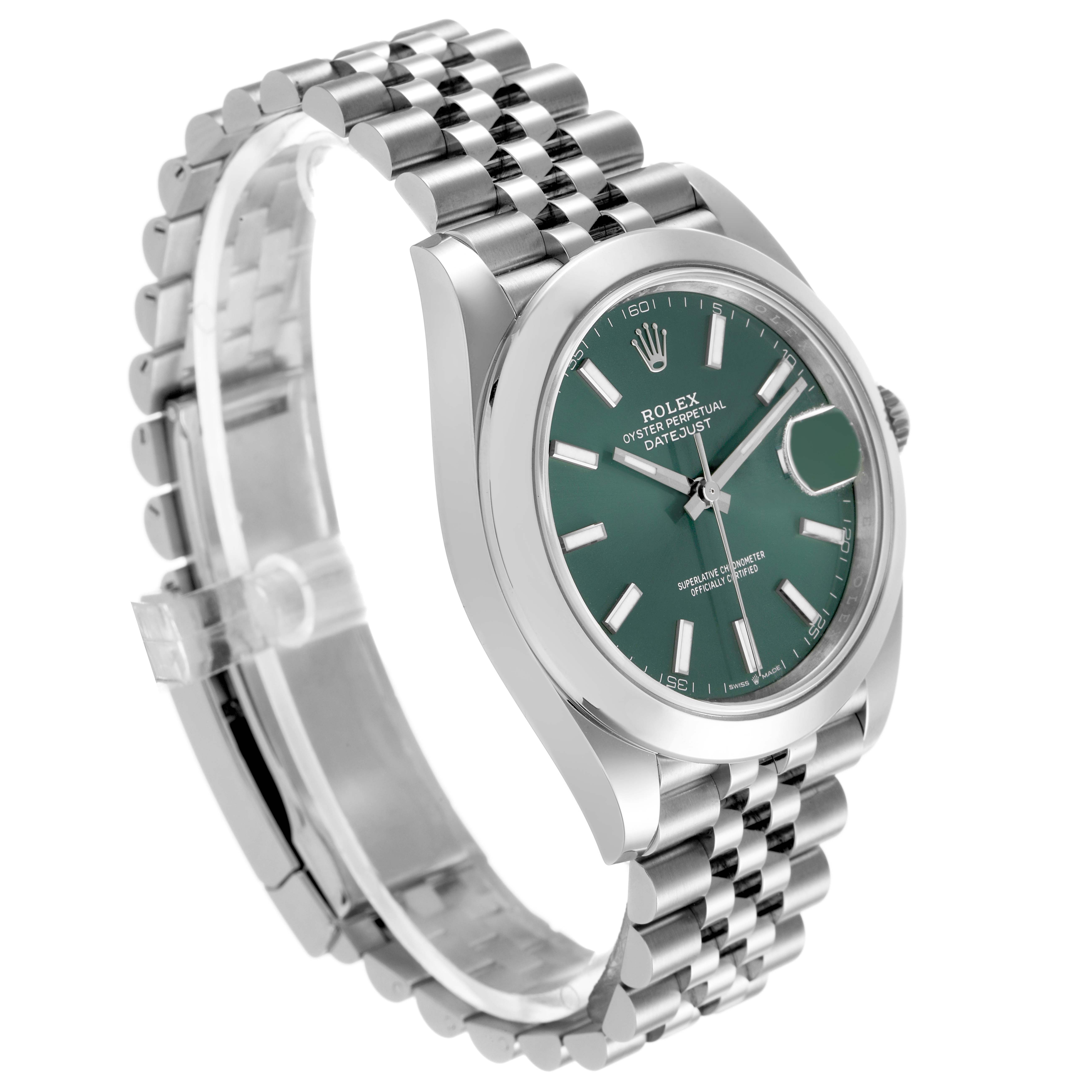 The Rolex Datejust 41 126300 Men's Stainless Steel Green Dial watch is shown at an angled side view, displaying its bracelet, case, and dial with a green face.