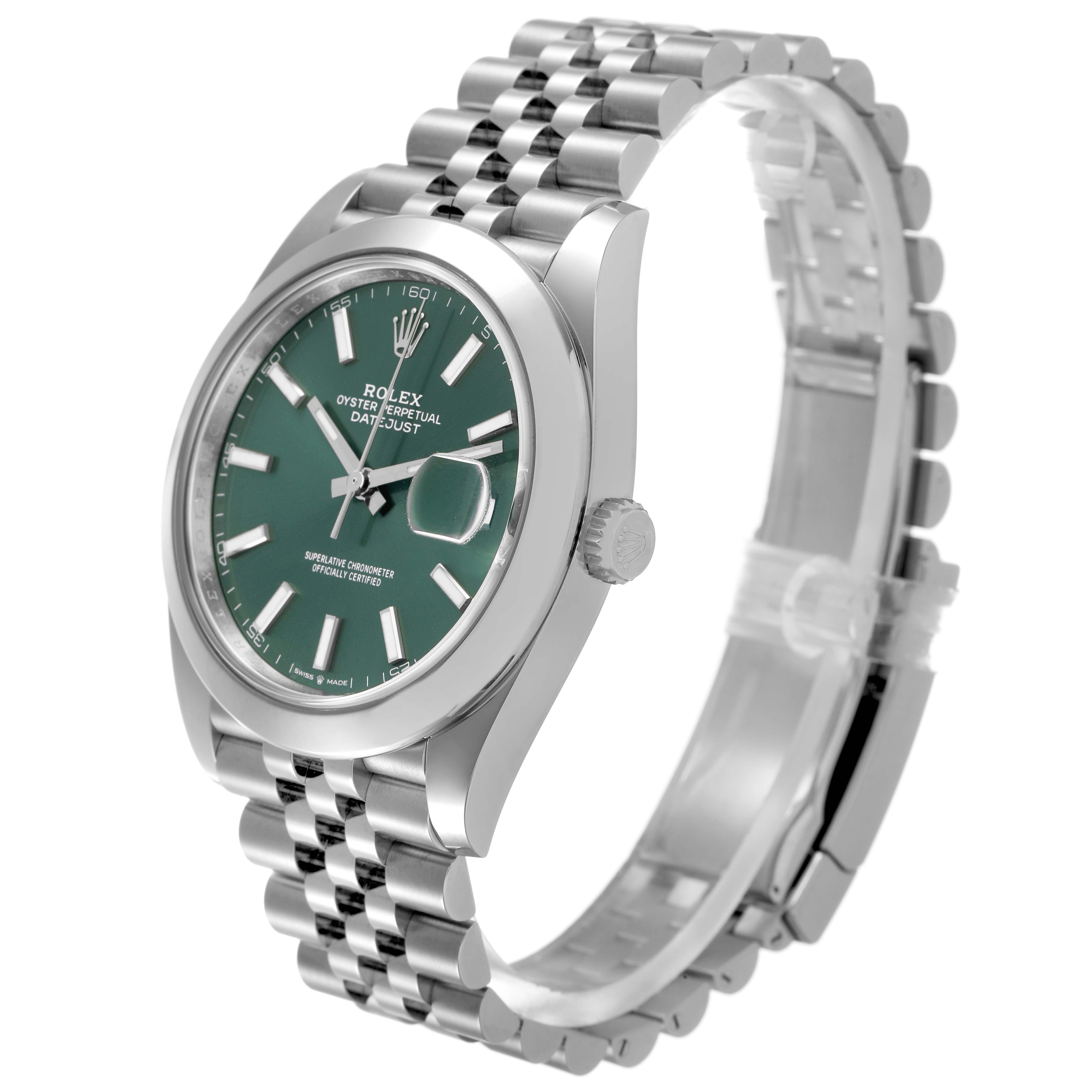 The Rolex Datejust 41 126300 Men's Stainless Steel Green Dial is shown at a three-quarter angle, displaying the face, bezel, crown, and Jubilee bracelet.