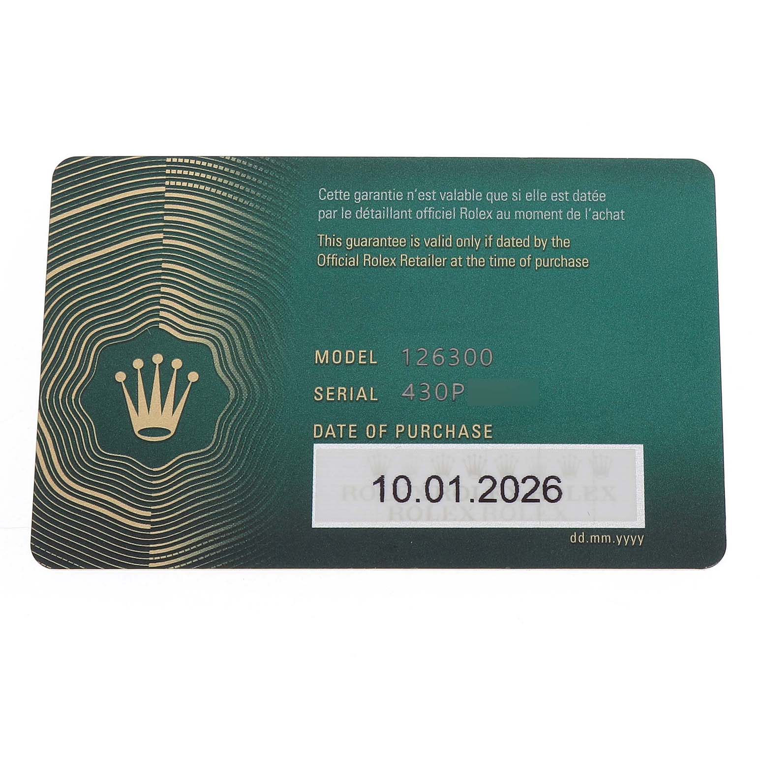 This image shows a warranty card for a Rolex Datejust 41 126300 Men's Stainless Steel Green Dial, displaying model number, serial number, and purchase date.
