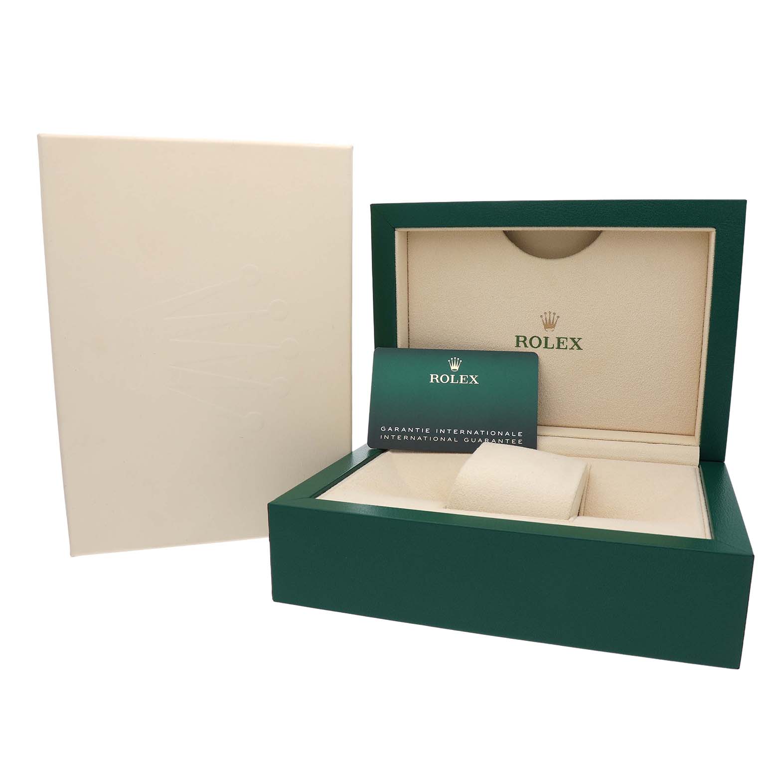 The image shows the open box for a Rolex Datejust 41 126300 Men's Stainless Steel Green Dial, including a guarantee card, but not the watch itself.