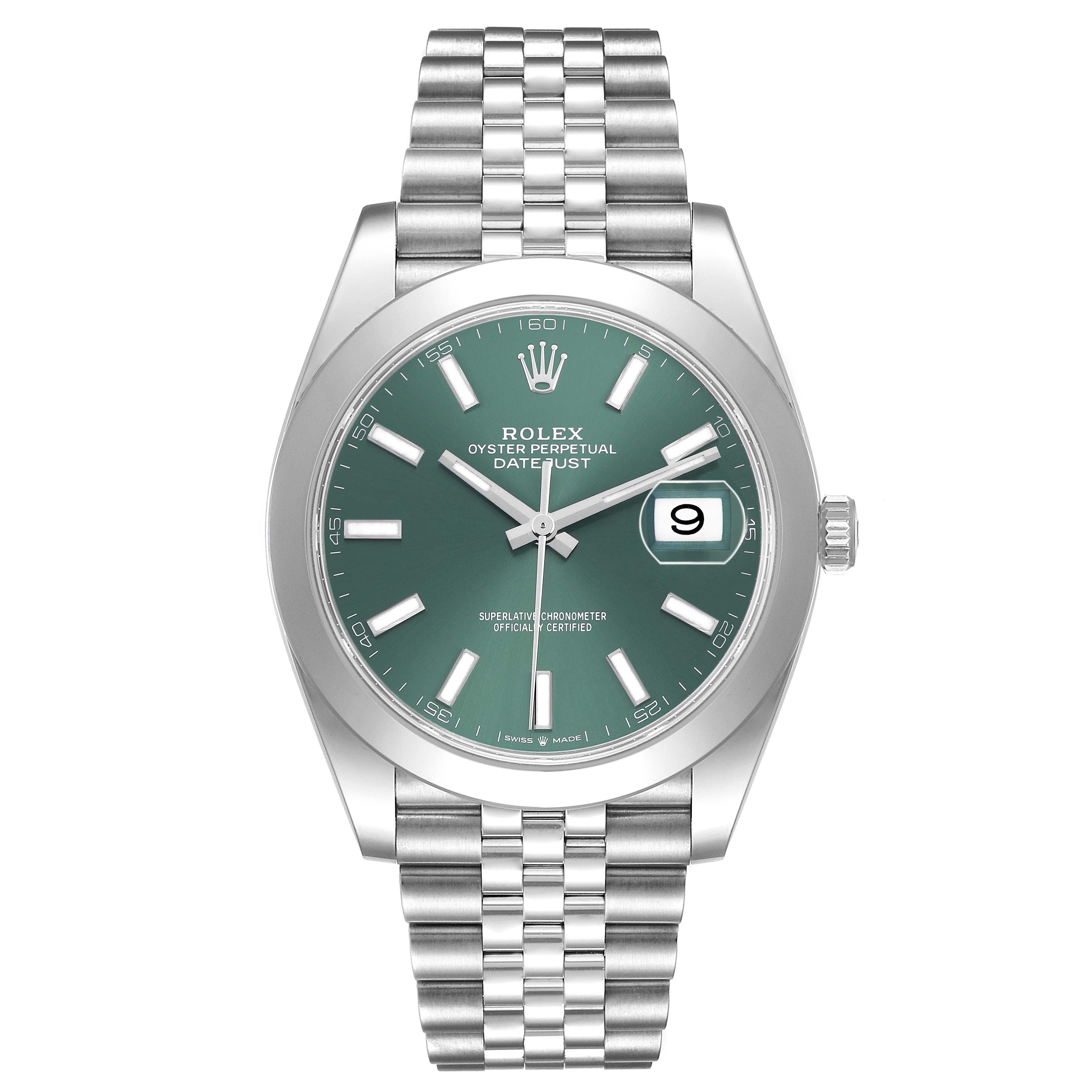 The Rolex Datejust 41 126300 Men's Stainless Steel Green Dial watch is shown from a front view, displaying its green dial, bezel, bracelet, and date feature.