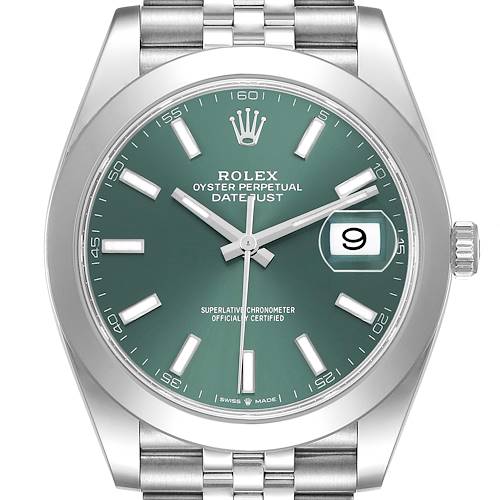 The Rolex Datejust 41 126300 Men's Stainless Steel Green Dial is shown from the front, displaying the dial, hour markers, hands, and bracelet part.