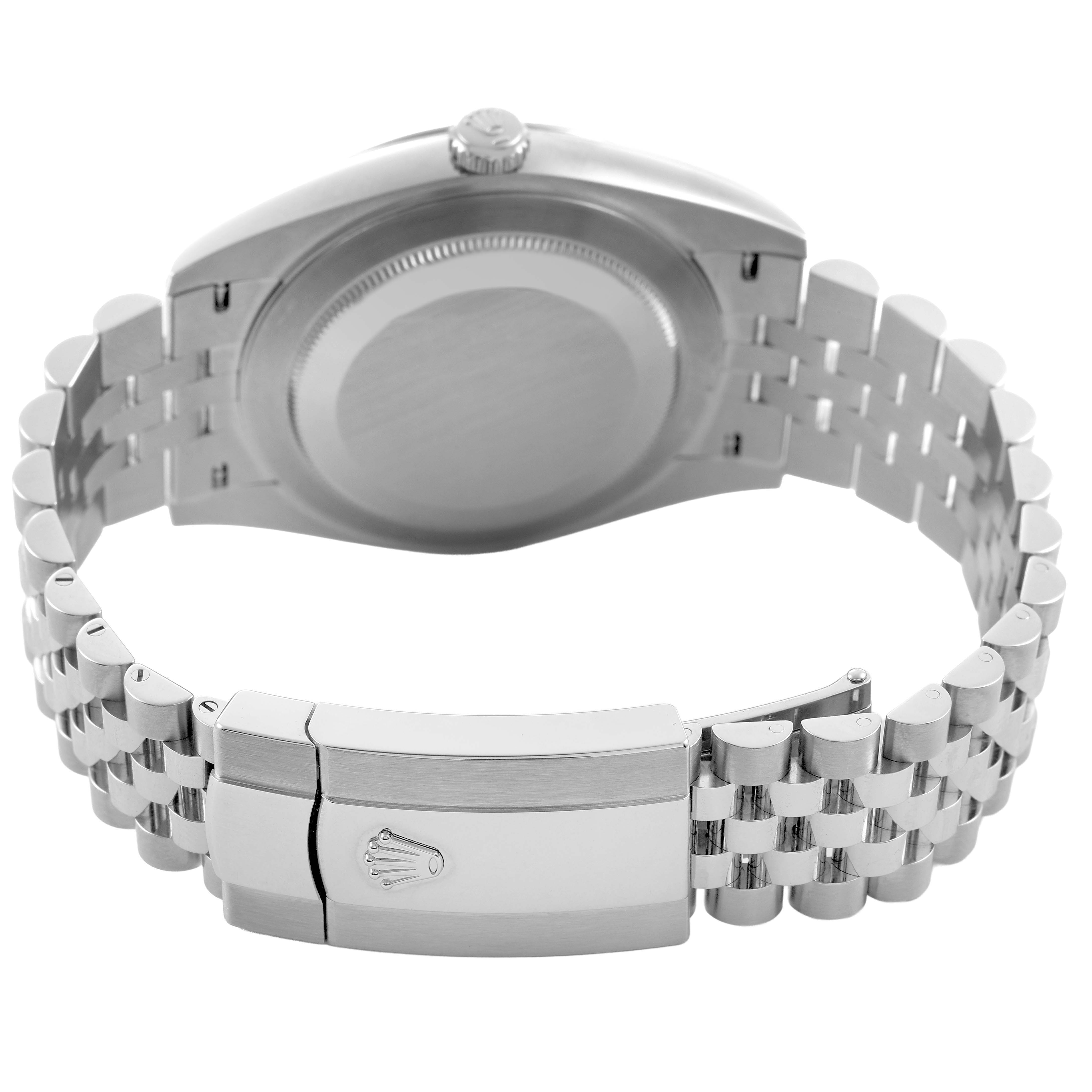 The image shows the back of a Rolex Datejust 41 126300 Men's Stainless Steel Green Dial watch, highlighting the case back and clasp of the metal bracelet.