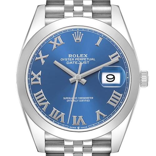 The Rolex Datejust 41 126300 Men's Stainless Steel Blue Dial watch is shown from the front, highlighting the blue dial, Roman numerals, and date window.