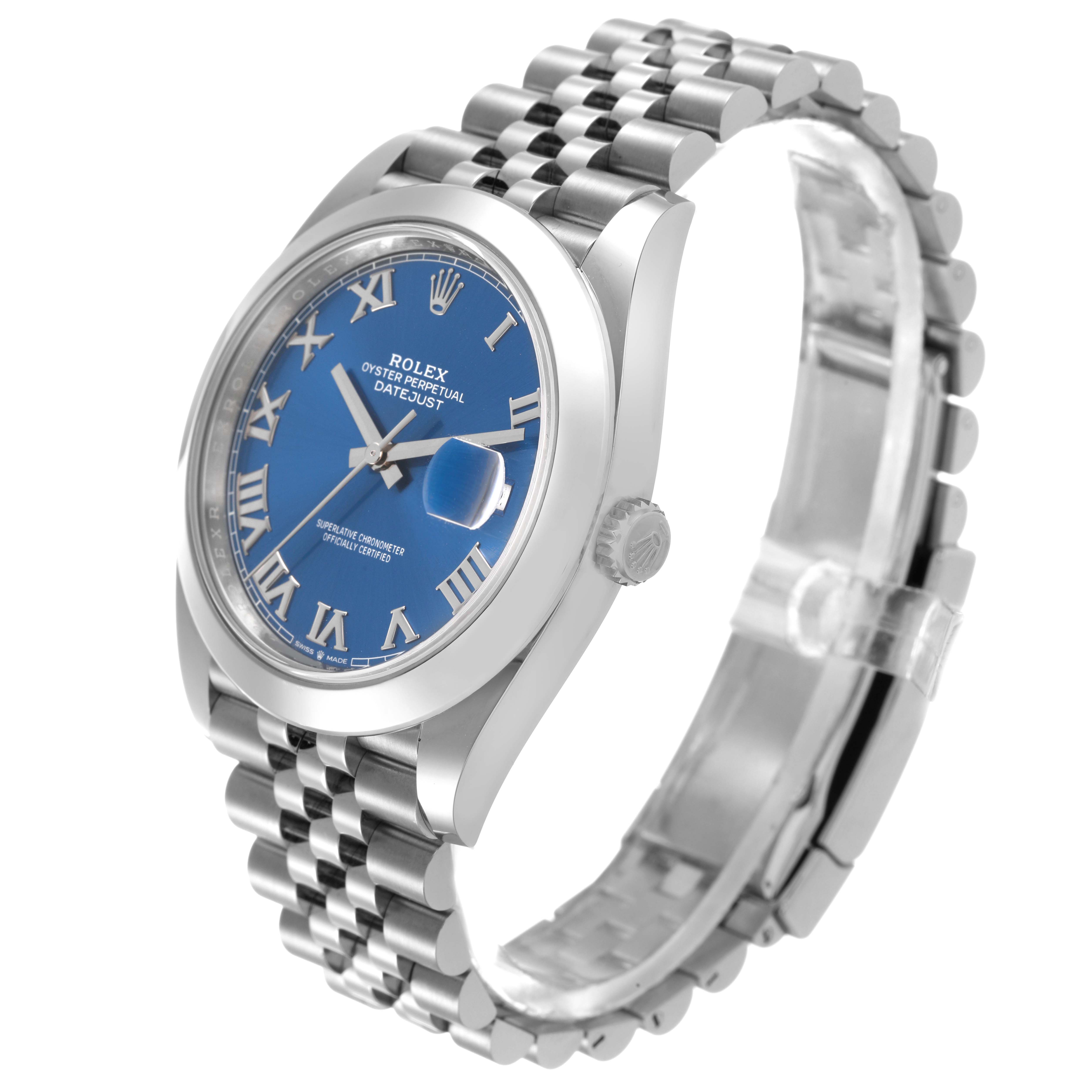 The Rolex Datejust 41 126300 Men's Stainless Steel Blue Dial is shown at a slight angle, highlighting the blue dial, Roman numerals, bezel, and Jubilee bracelet.