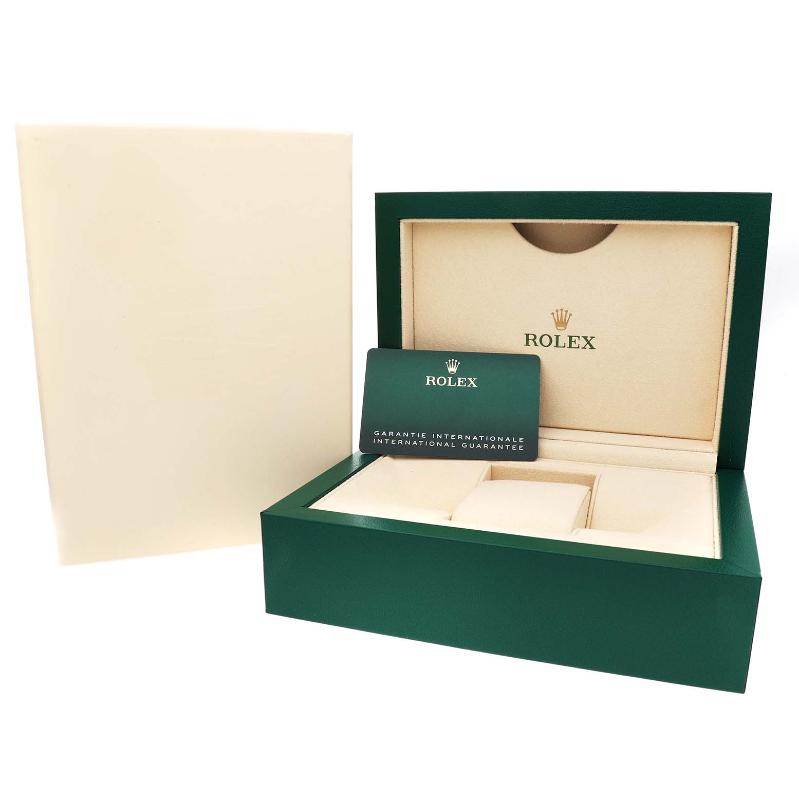 The image shows the packaging and warranty card for a Rolex Datejust 41 126300 Men's Stainless Steel Blue Dial, displaying an open box and card from a slightly elevated angle.