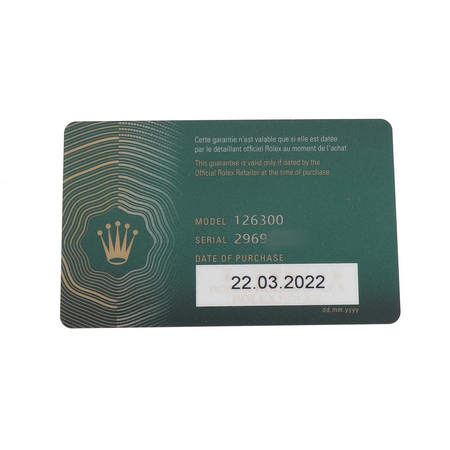 The image shows the authentication card for the Rolex Datejust 41 126300 Men's Stainless Steel Blue Dial, featuring model, serial number, and purchase date details.