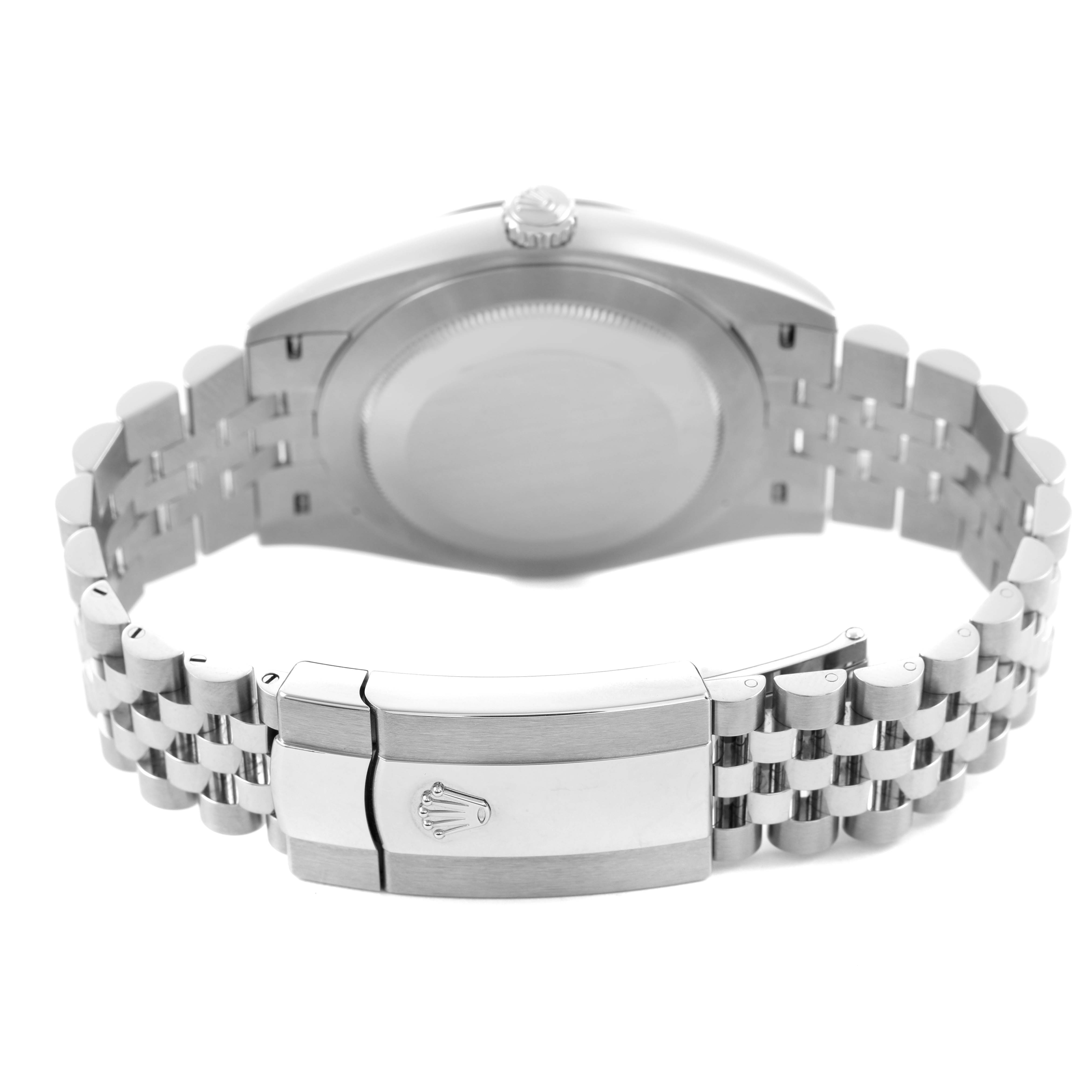 The image shows the back and clasp of a Rolex Datejust 41 126300 Men's Stainless Steel Blue Dial, highlighting the bracelet and engraved clasp.