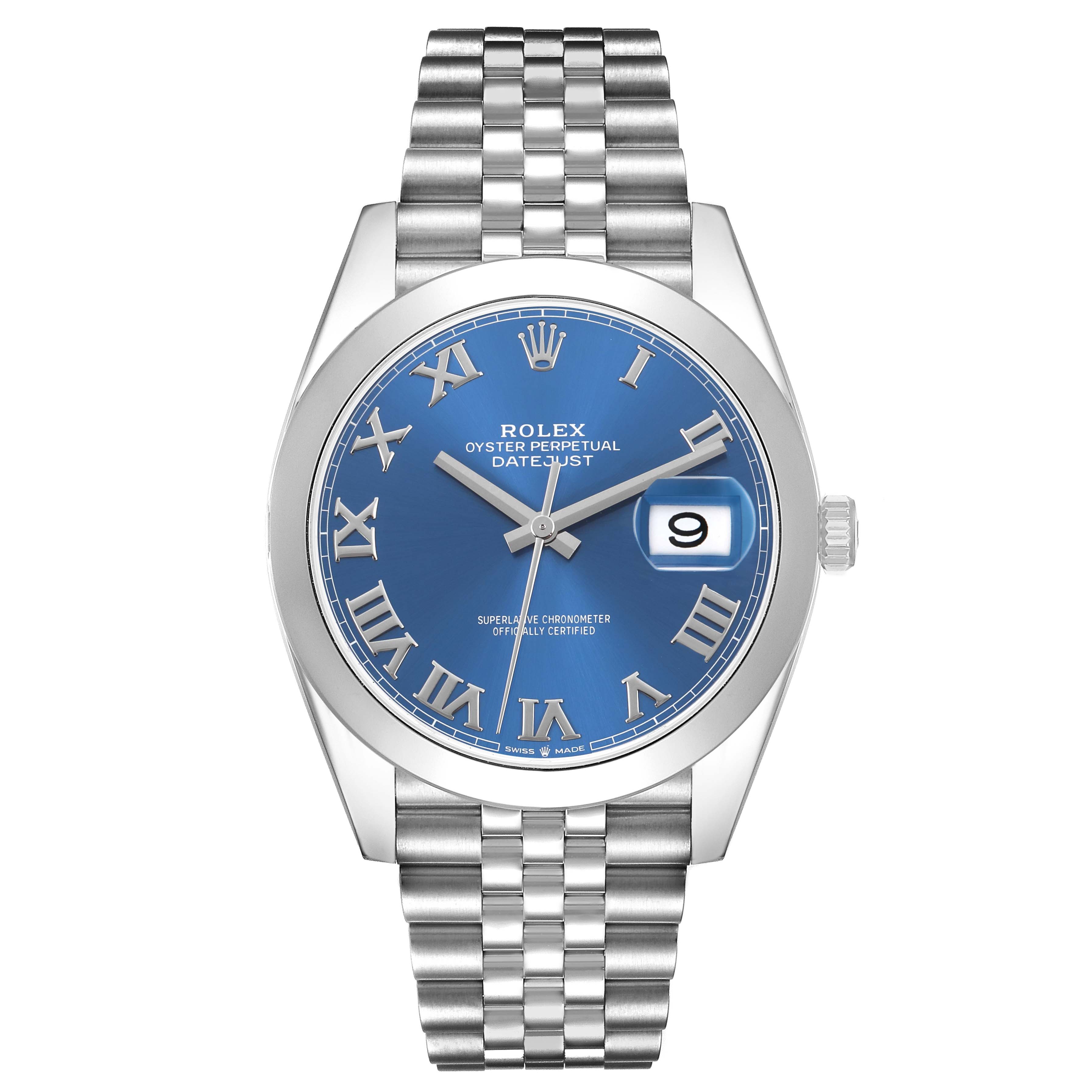 The Rolex Datejust 41 126300 Men's Stainless Steel Blue Dial model is shown from the front, displaying its blue dial, Roman numerals, date window, and Jubilee bracelet.