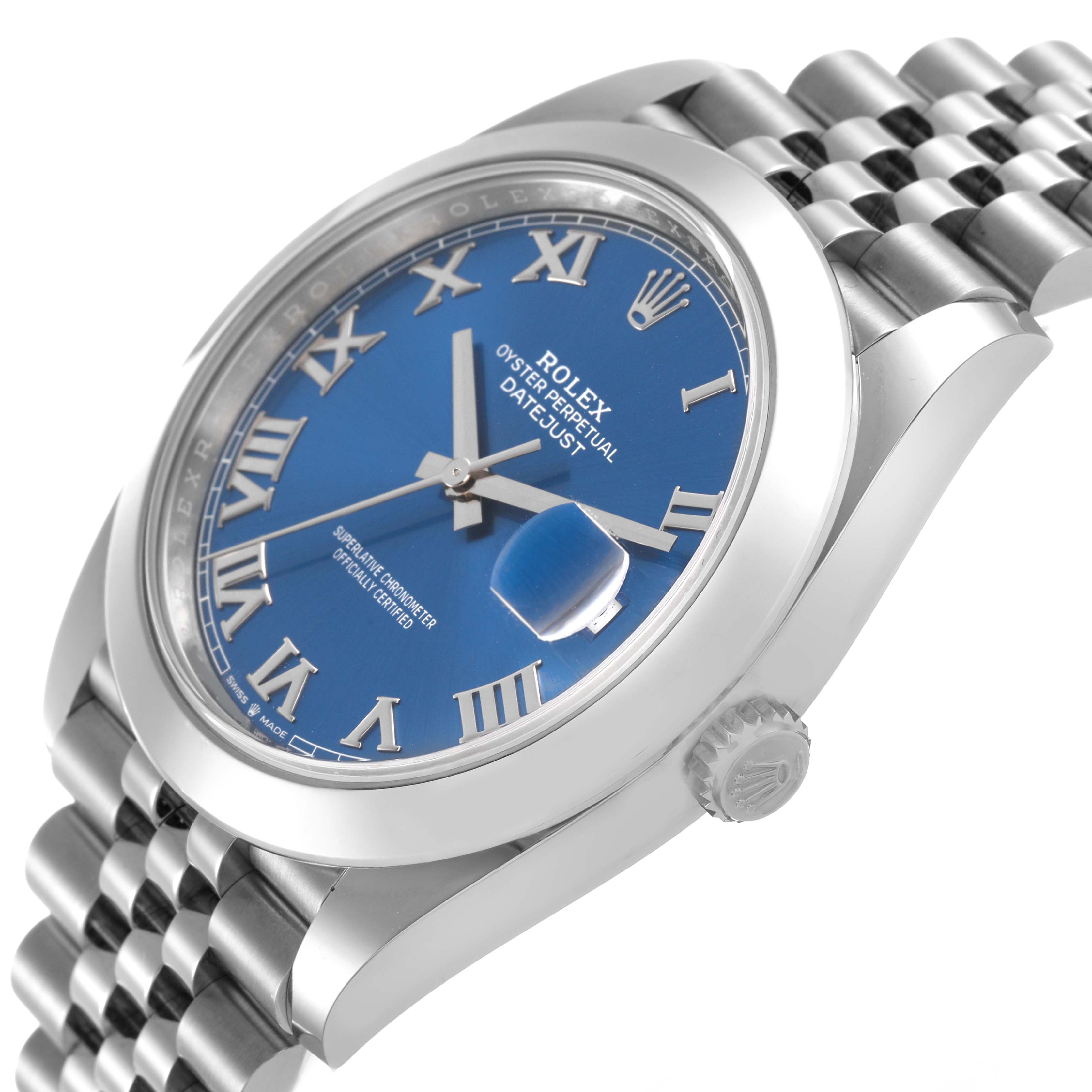 The Rolex Datejust 41 126300 Men's Stainless Steel Blue Dial watch is shown at a side angle, highlighting the blue dial, Roman numerals, and Jubilee bracelet.