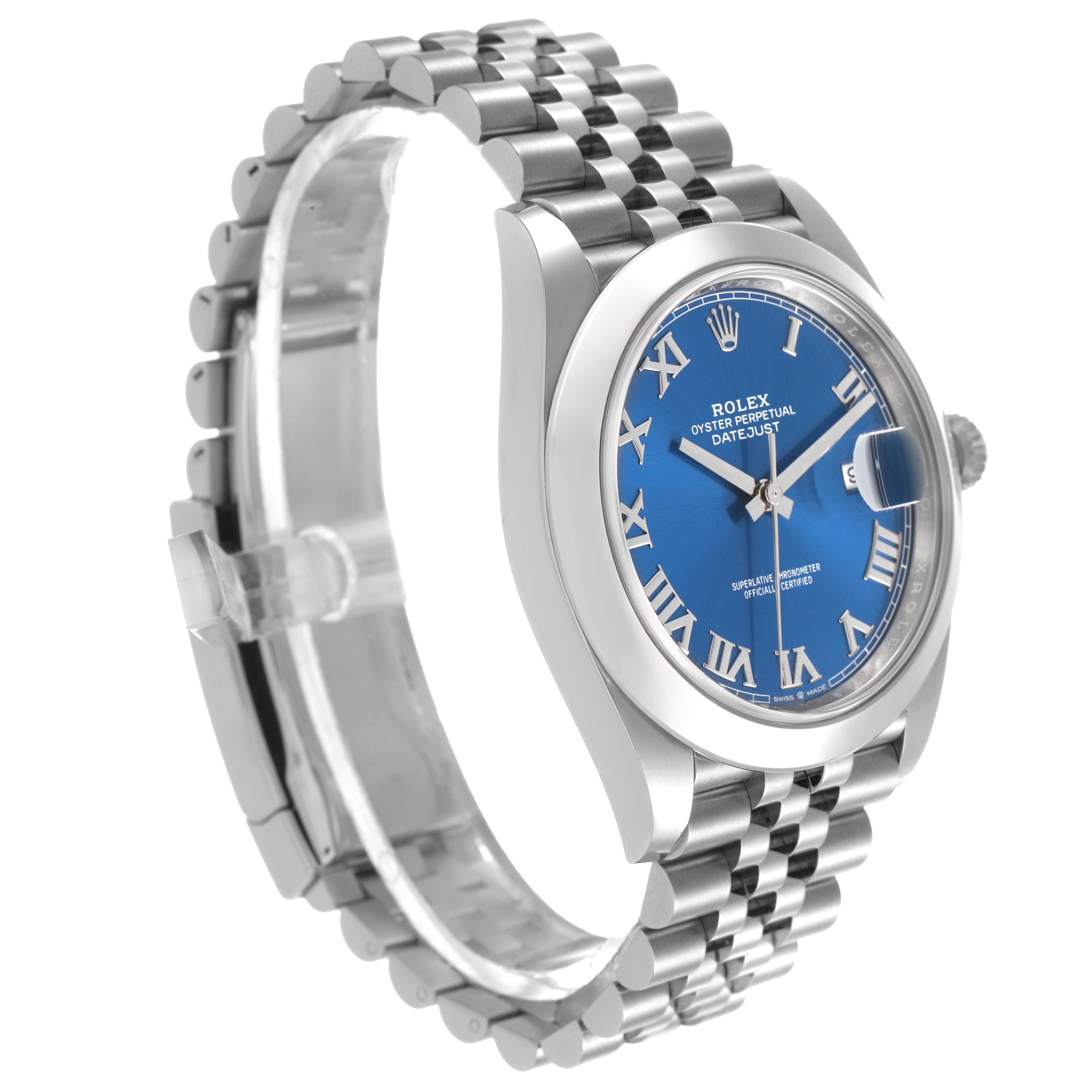 The Rolex Datejust 41 126300 Men's Stainless Steel Blue Dial is shown at a three-quarter angle, highlighting the blue dial, Roman numerals, and jubilee bracelet.