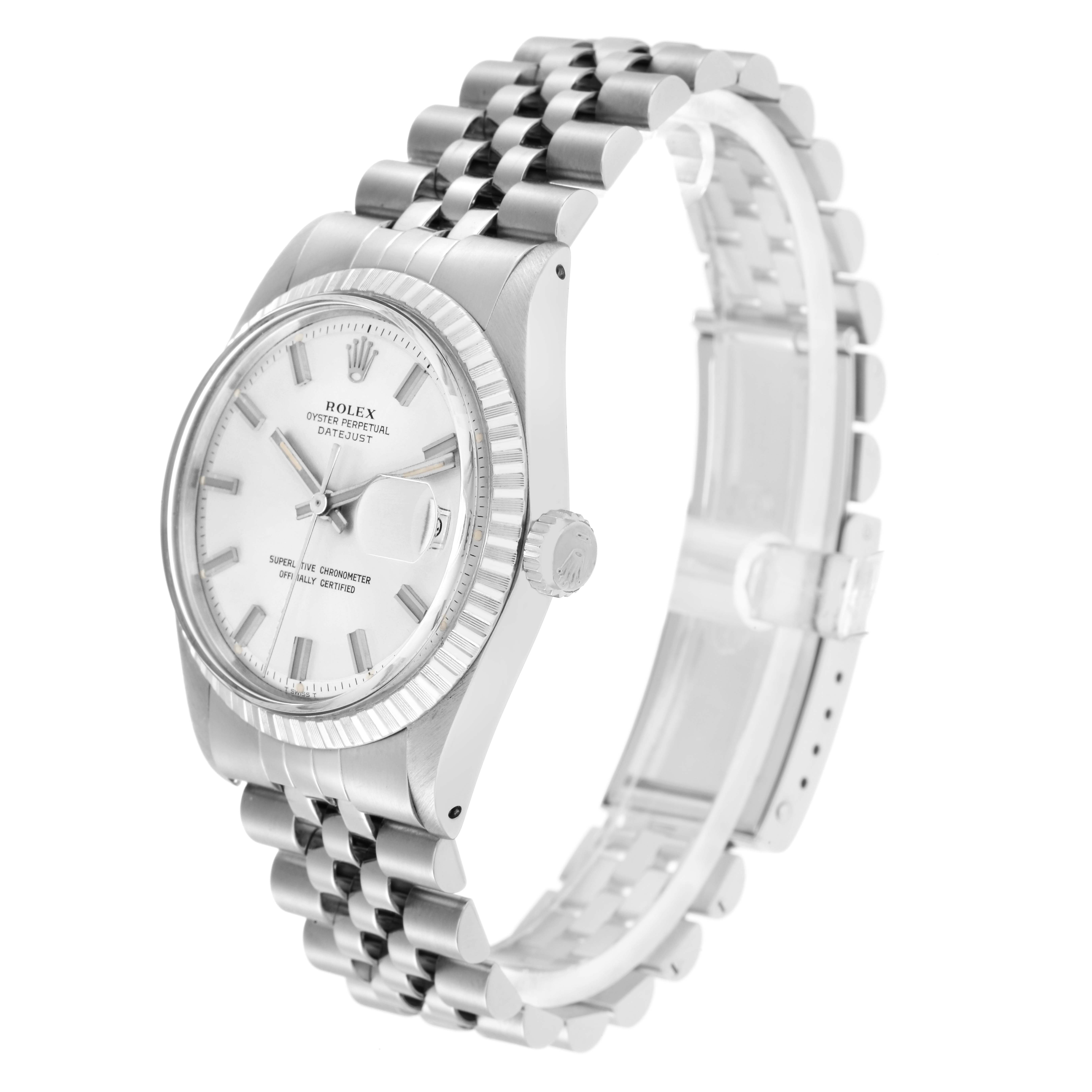 The image shows the Rolex Vintage Collection model number 1603, a men's watch, from a three-quarter angle highlighting the dial, bezel, crown, and bracelet.