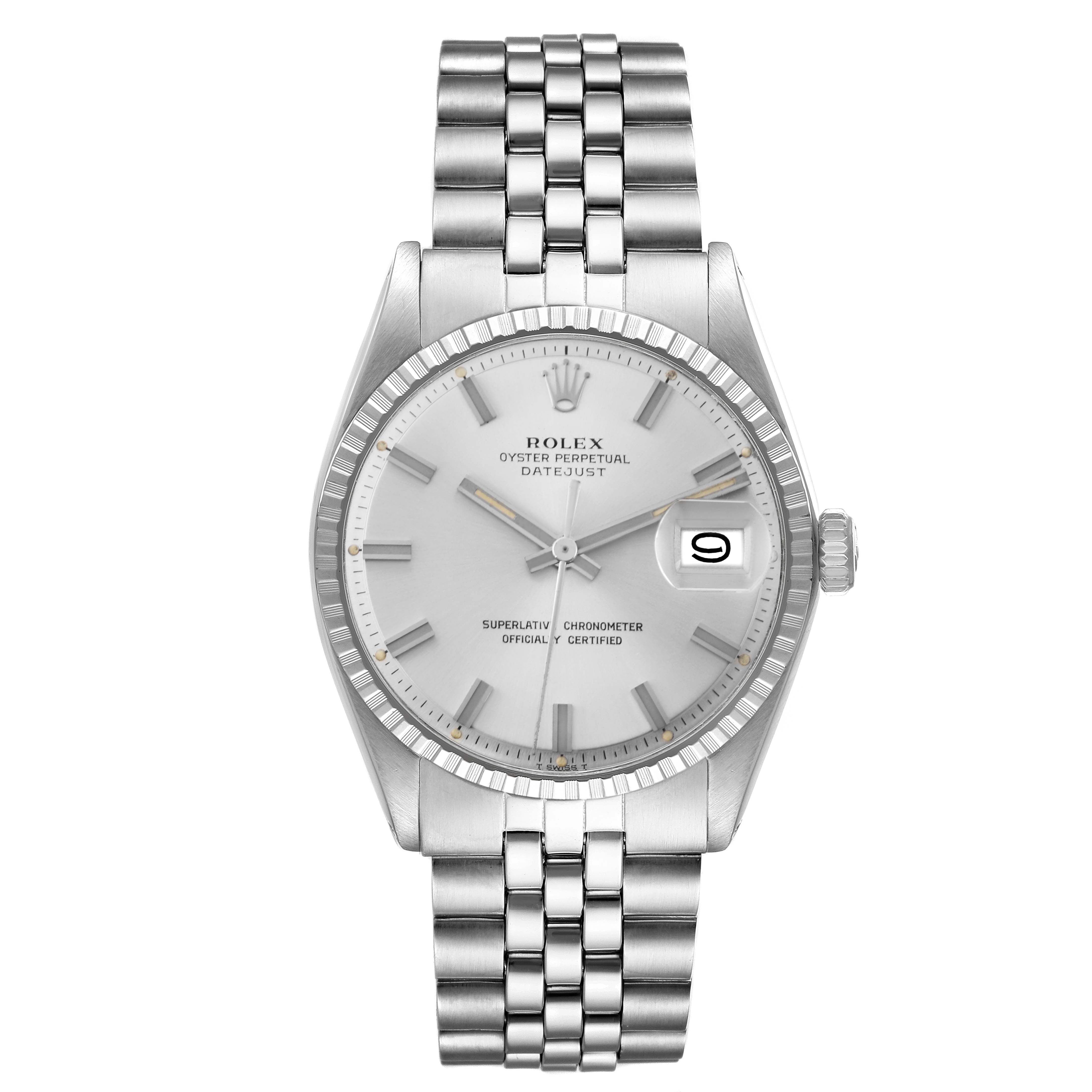 The Rolex Vintage Collection model 1603 is shown from the front, featuring the watch face, bezel, crown, and part of the metal bracelet.