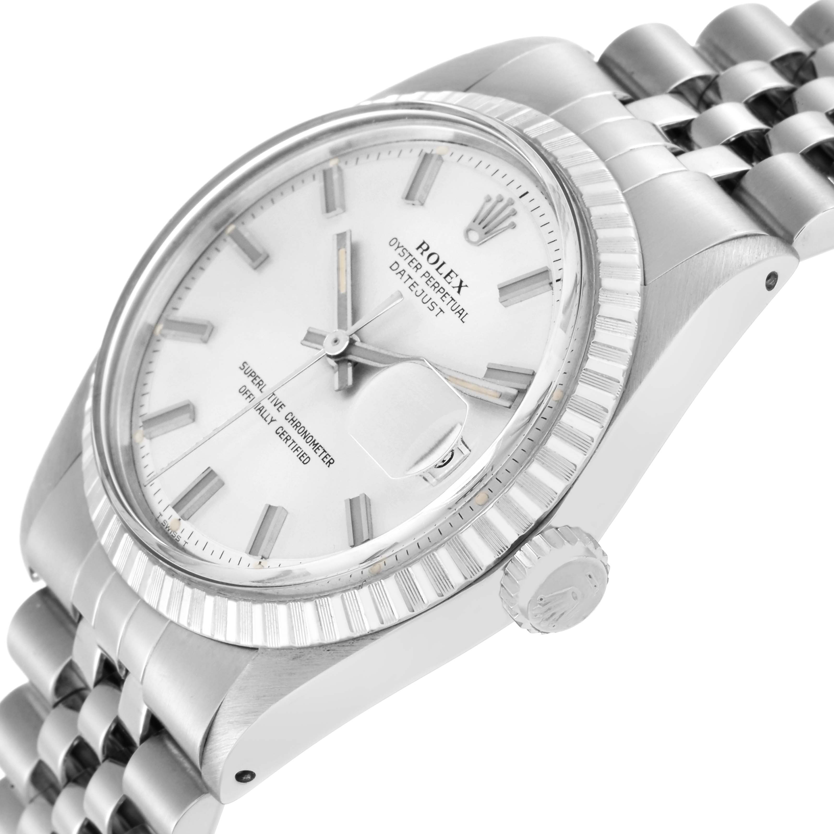 The image shows a Rolex Vintage Collection model number 1603 men's watch at an angled view, highlighting the face, bezel, crown, and part of the bracelet.