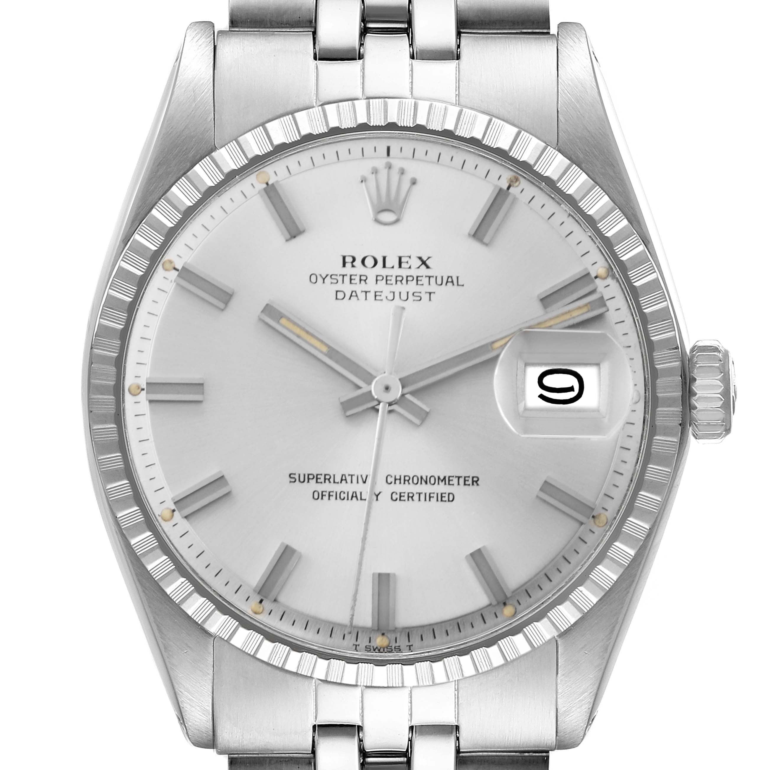 The image shows a frontal view of a Rolex Vintage Collection Datejust model 1603 men's watch, highlighting the dial, hands, date window, and portion of the bracelet.