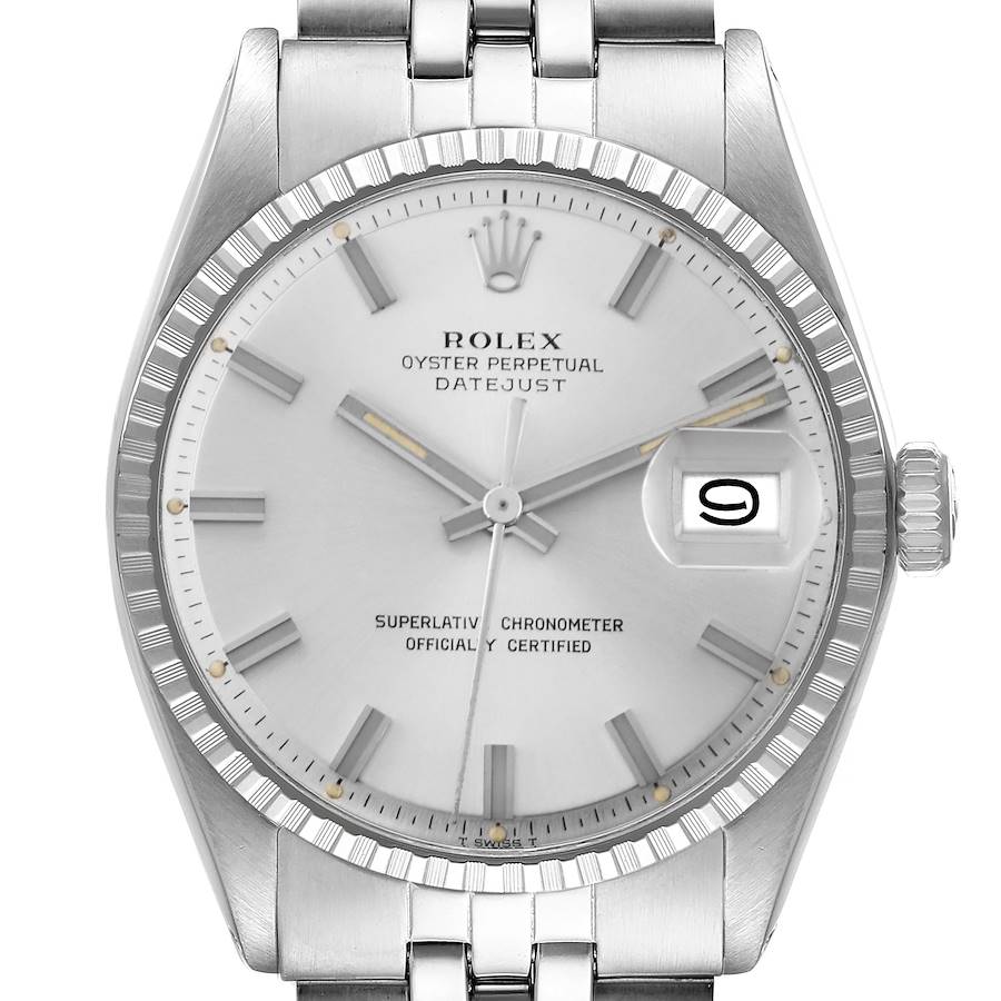 The image shows a frontal view of a Rolex Vintage Collection Datejust model 1603 men's watch, highlighting the dial, hands, date window, and portion of the bracelet.