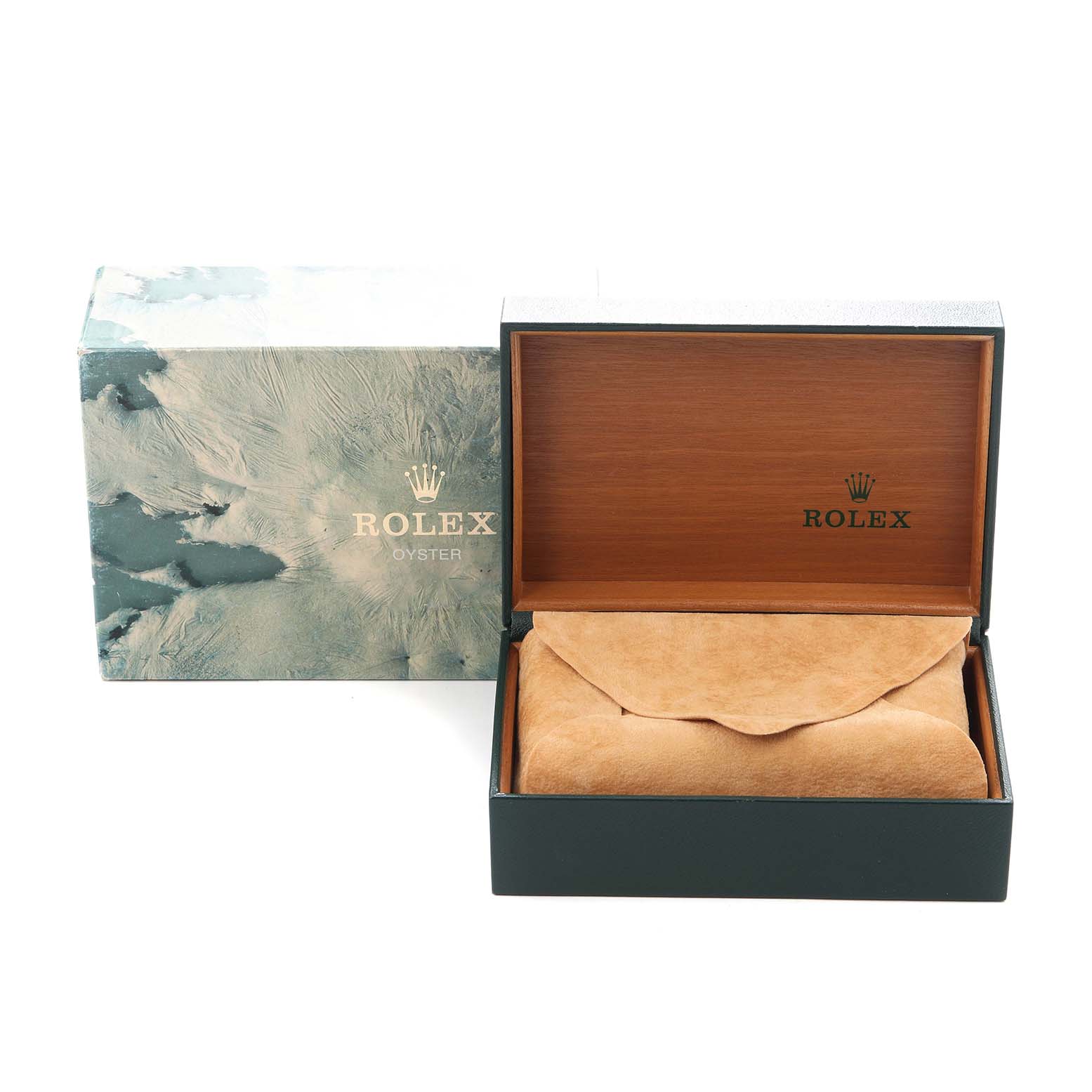 The image shows a Rolex Vintage Collection model 1603 men's watch box and outer case, with the box open and a suede pouch inside.