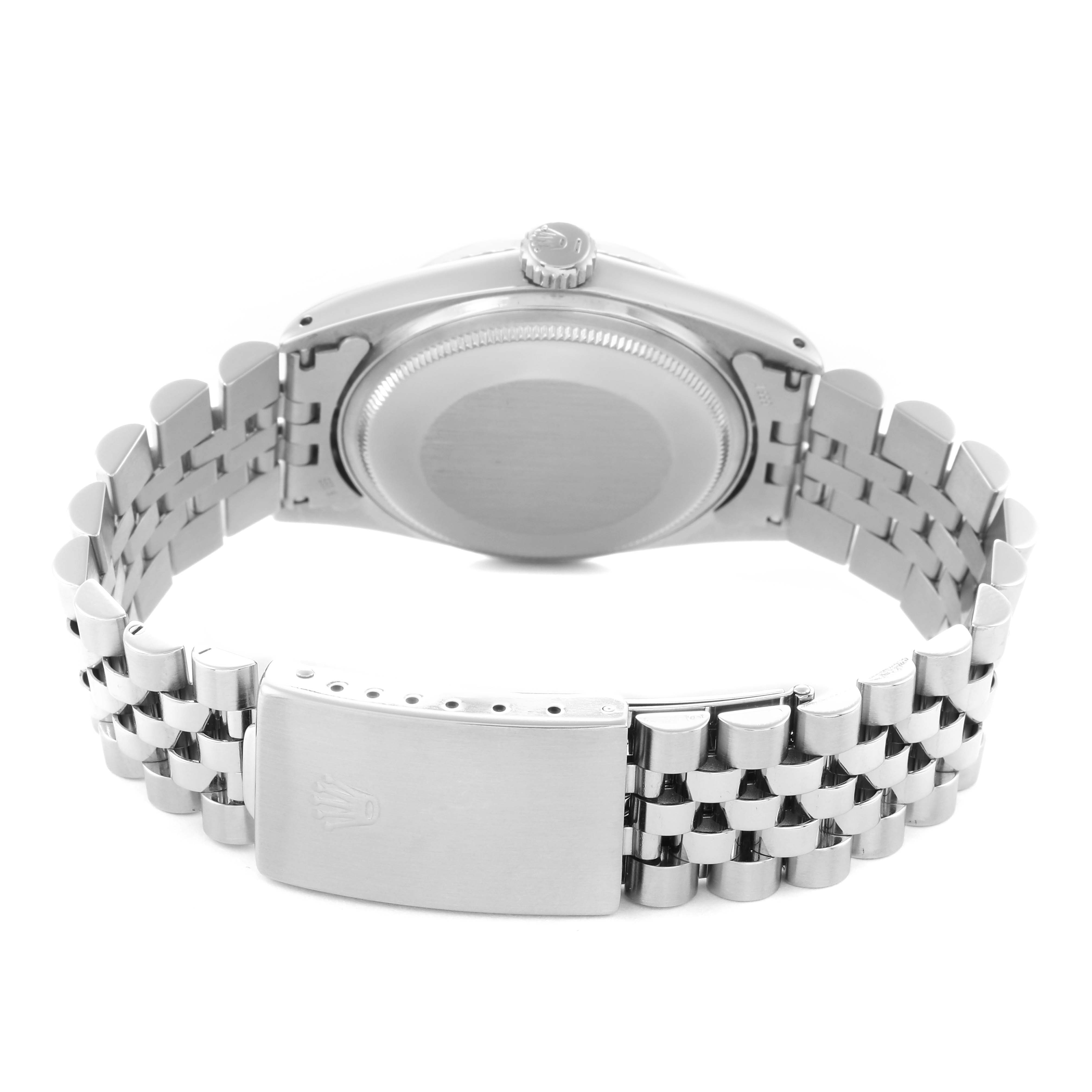 The image shows the back and bracelet of the Rolex Vintage Collection model 1603 men's watch, highlighting the clasp and case back.