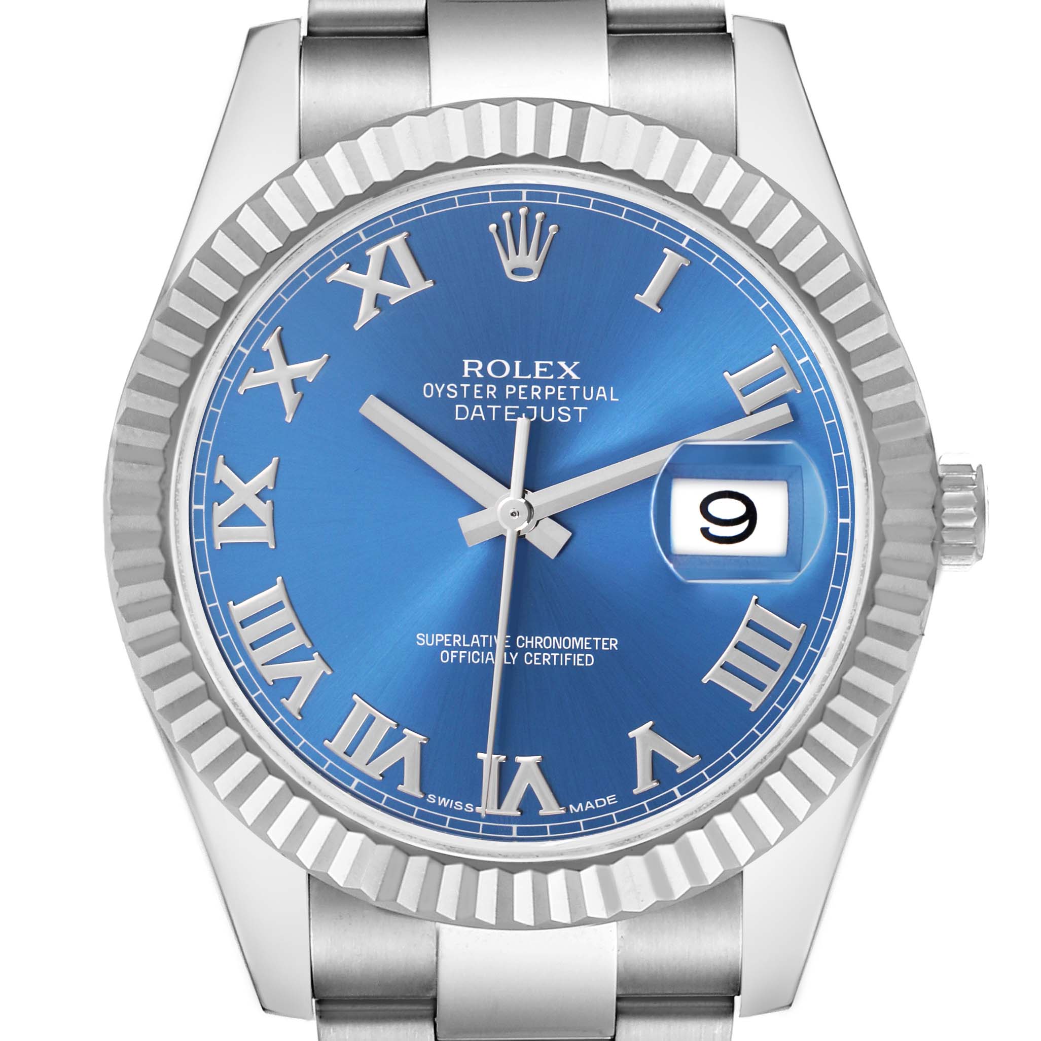 The image shows a front view of the Rolex Datejust 41, model number 116334, highlighting the blue dial, fluted bezel, and Roman numerals.